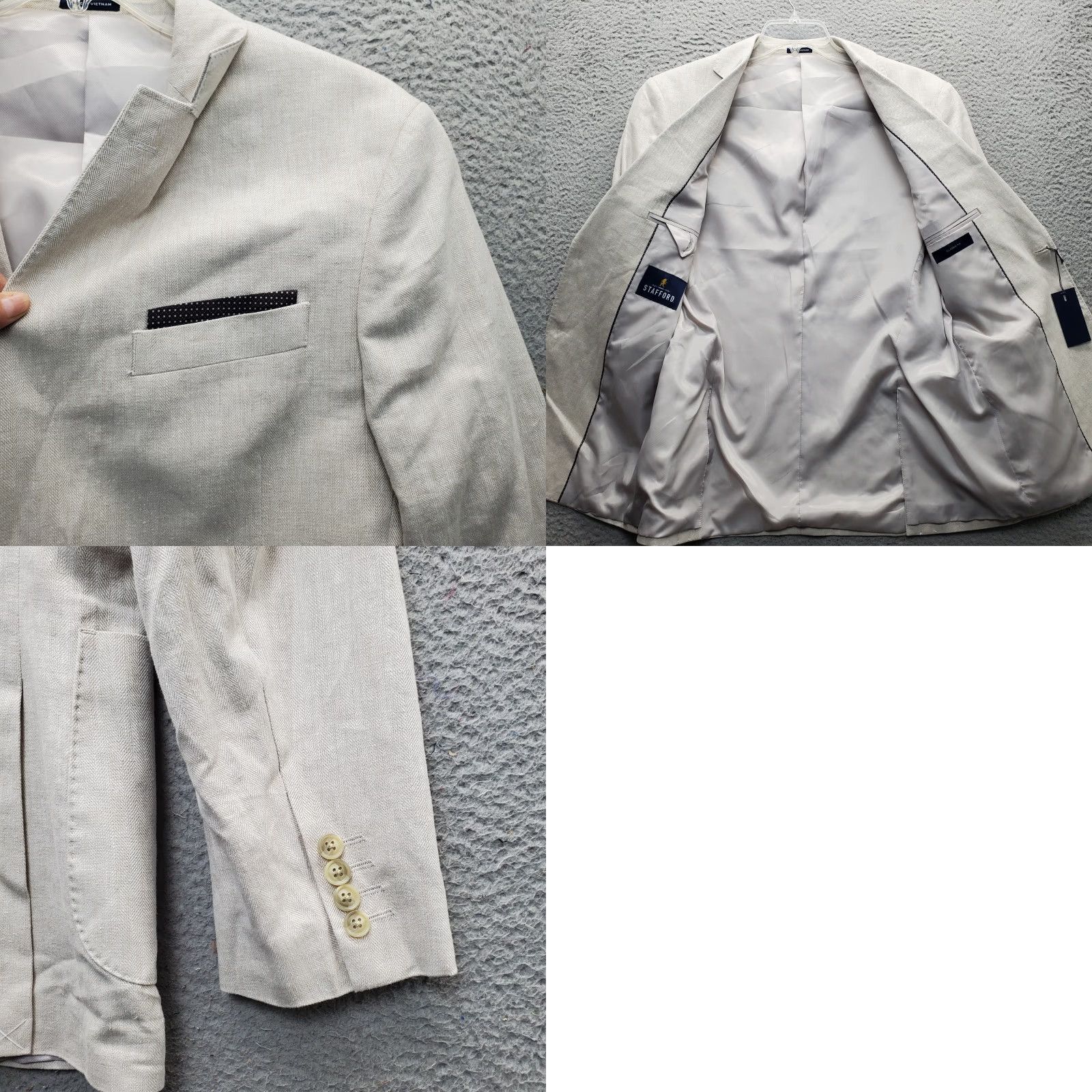 Stafford Stafford Mens Blazer Jacket Notch Lapel Tan Herringbone Linen Cotton 40R Size Mens Length 30 Chest 20.5 Size 40R - 9 Thumbnail