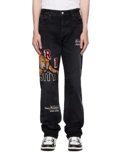 Amiri o1w1db11224 Varsity Tiger-Appliqué Straight-Leg Jean Black Size US 36 / EU 52 - 2 Thumbnail