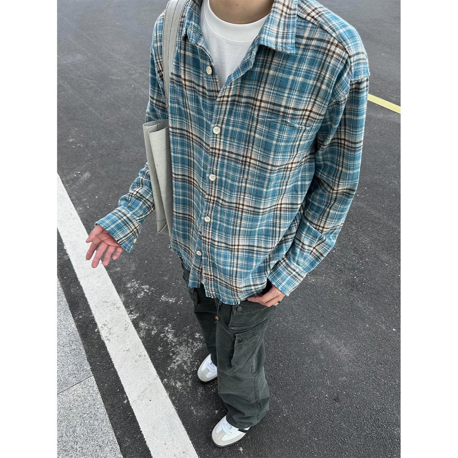 Japanese Brand Blue Plaid Frayed Edge Long Sleeve Button-Up Shirt Size US M / EU 48-50 / 2 - 2 Thumbnail