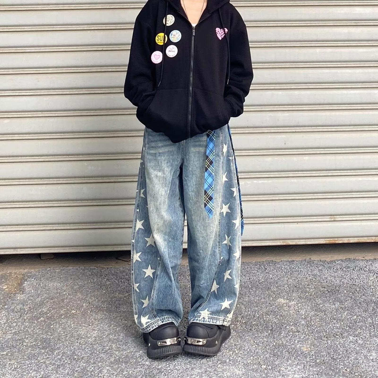 Vintage Blue Star Print Wide Leg Jeans, Baggy Denim Pants Size US 27 - 3 Thumbnail