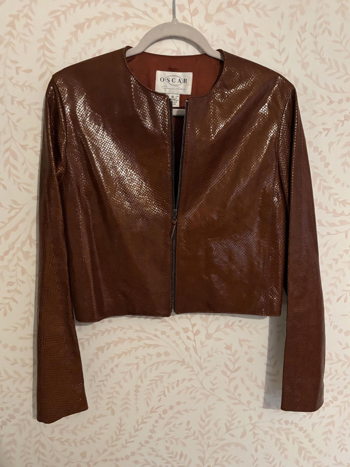 Oscar de la Renta Brown Exotic Leather Zip-Up Jacket Size 10