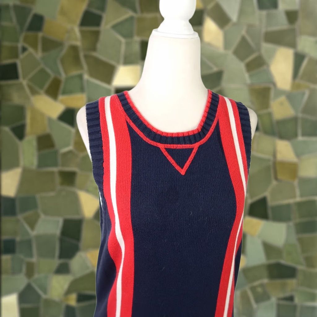 Tommy Hilfiger VINTAGE Tommy Hilfiger Sweater Dress Navy Blue Red Stripe 90s Cotton Knit Sleeveless Knee Length L Womens Size L / US 10 / IT 46 - 1 Thumbnail