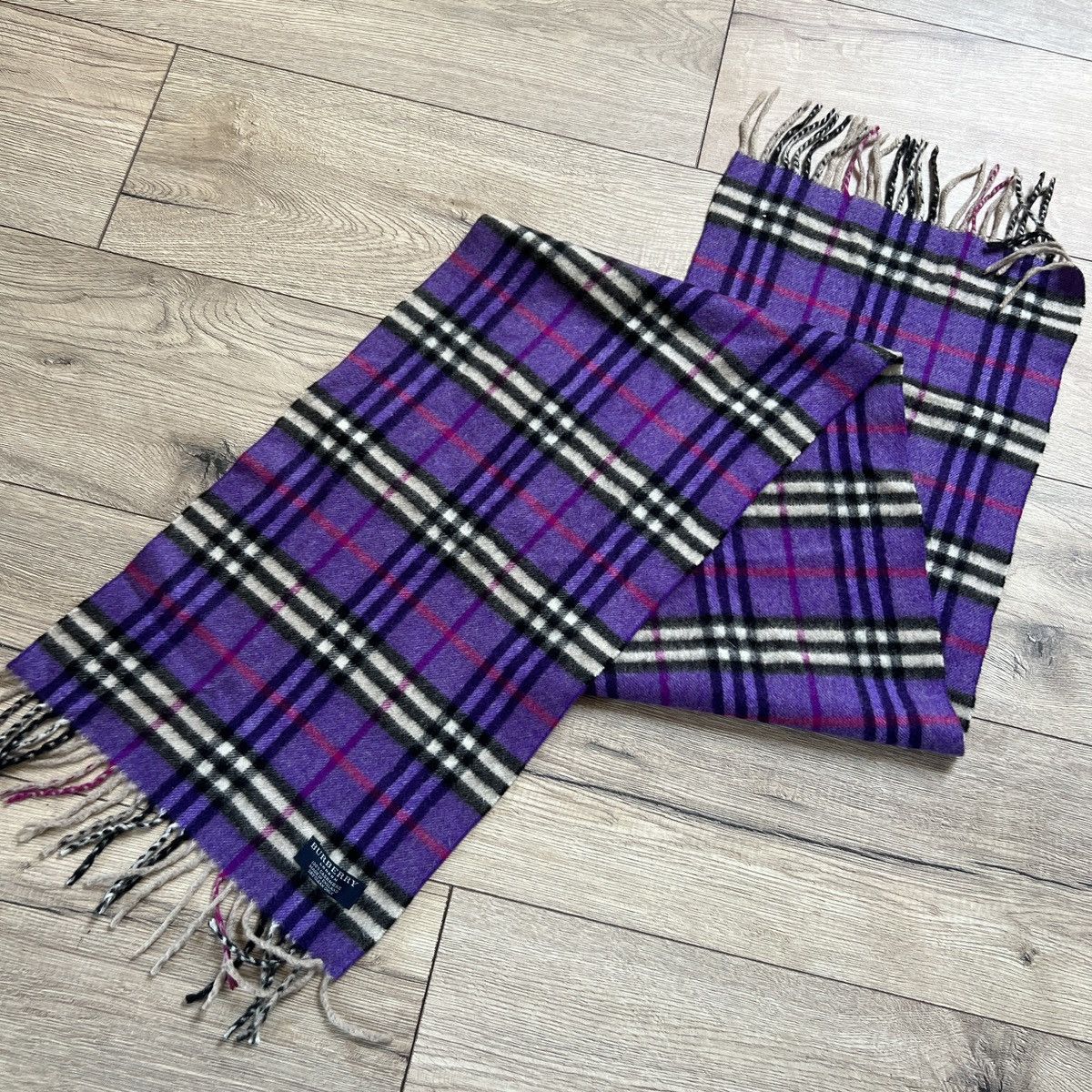 Burberry × Designer Vintage 90s Burberry Cashmere Scarf Nova Check Purple Size ONE SIZE - 9 Thumbnail