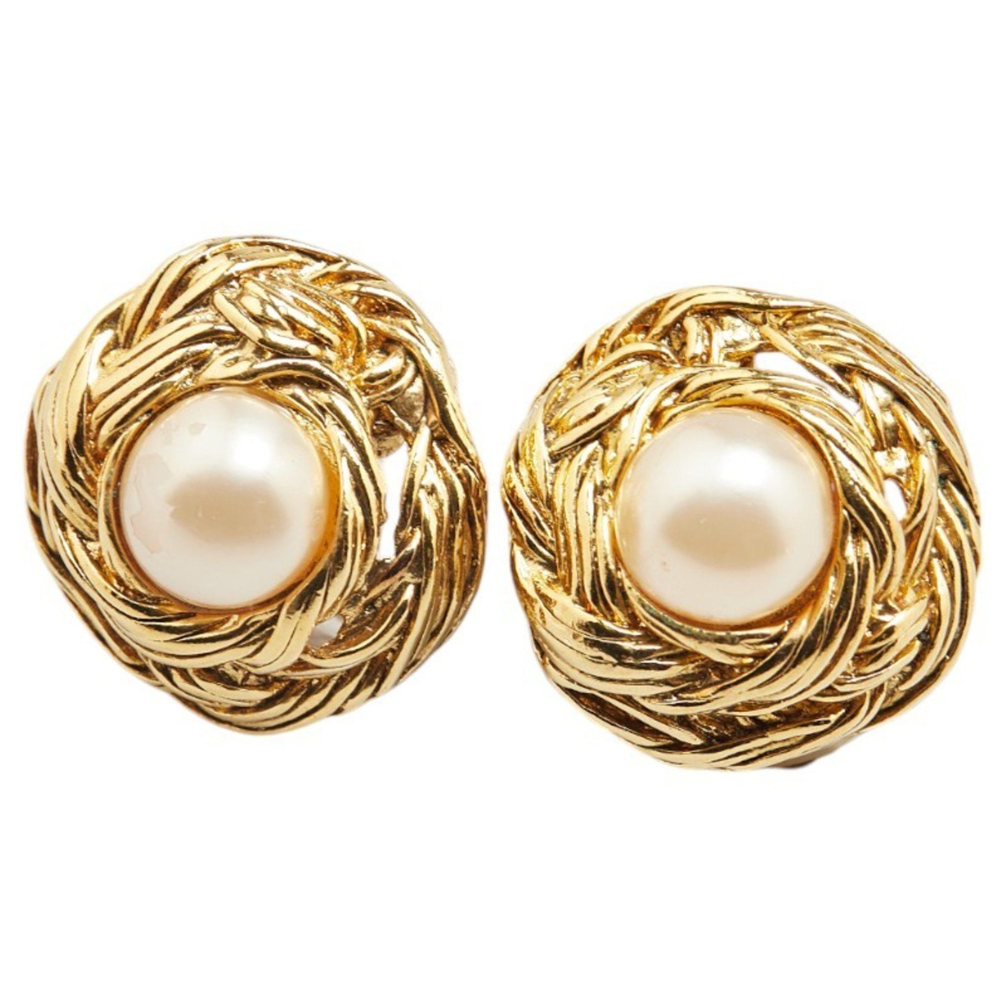Chanel Round Earrings Gold Plated Faux Pearl Women's CHANEL