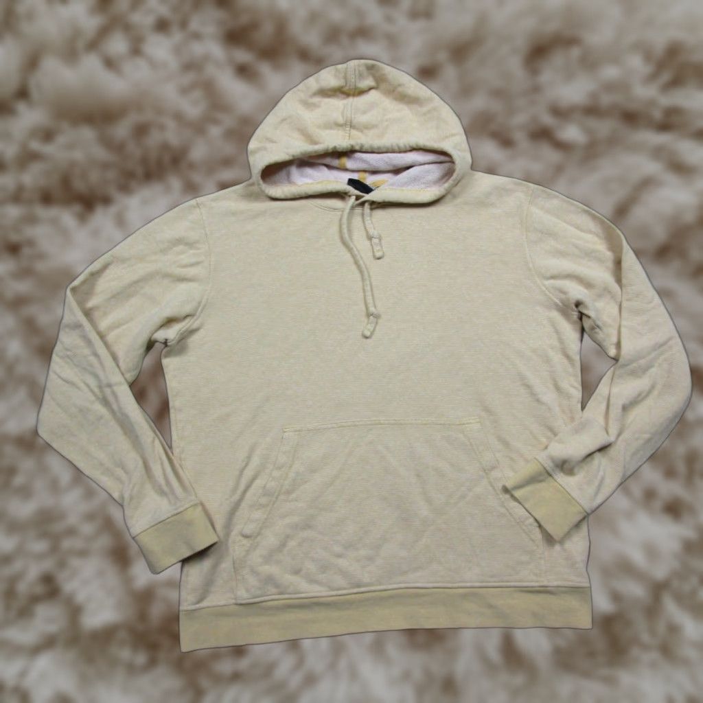 Patagonia Hemp Organic Cotton Hoodie Men's L Yellow Micro Stripe Pullover Hooded Shirt Winter Outdoor Camping Hiking Adults Mens