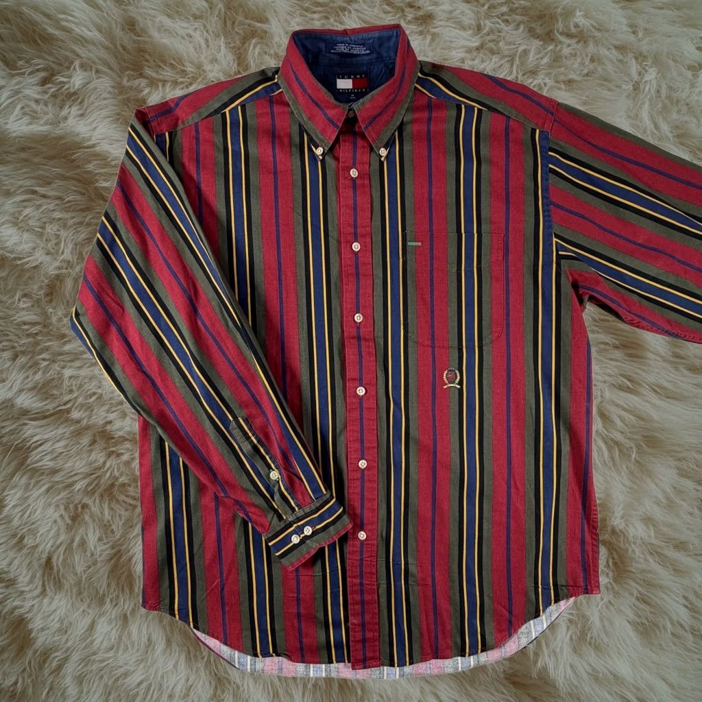 Vintage Tommy Hilfiger Button-Up Shirt Mens M Red Multi Color Vertical Stripe Crest, Men's