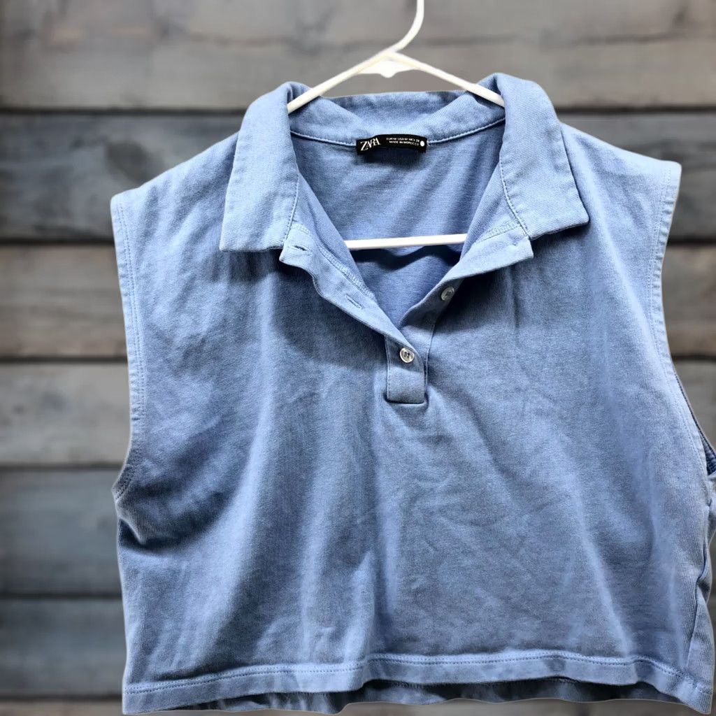 Zara Zara Polo Shirt Womens M Blue Cropped Cotton Sleeveless Preppy Short Sleeve Shirt Polo Cropped Knit Button Casual Summer Spring Regular Fit Womens Size M / US 6-8 / IT 42-44 - 1 Thumbnail