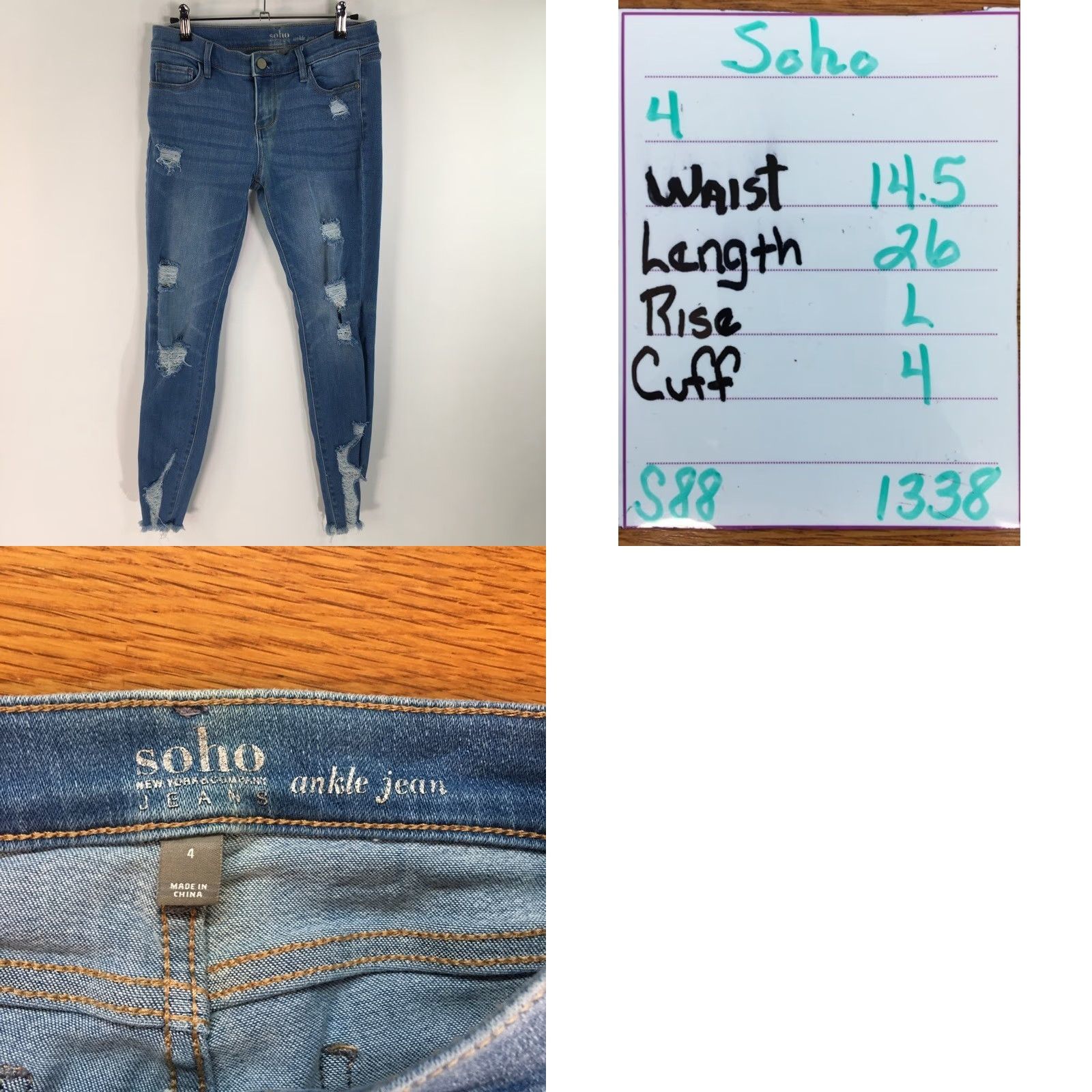 Denime Soho Womens Jeans Cropped Blue Distressed Low Rise Pockets Whiskered Denim 4 Size 27" / US 4 / IT 40 - 8 Thumbnail