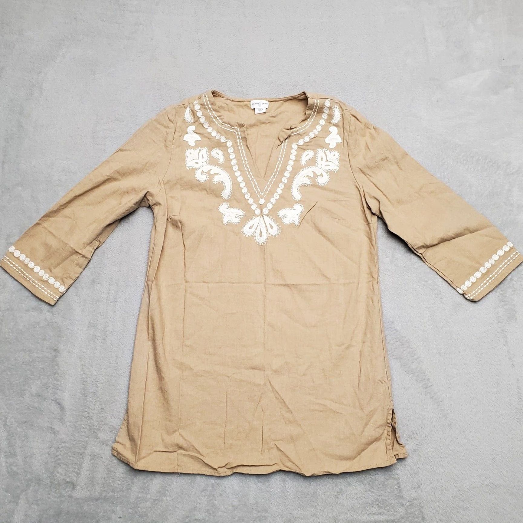 Vintage VINTAGE Jaclyn Smith Shirt Womens M Brown Linen Blend Boho Embroidered Casual Shirt - Nature Inspired, 3/4 Sleeve, Machine Washable, Wool? Size M / US 6-8 / IT 42-44 - 2 Thumbnail