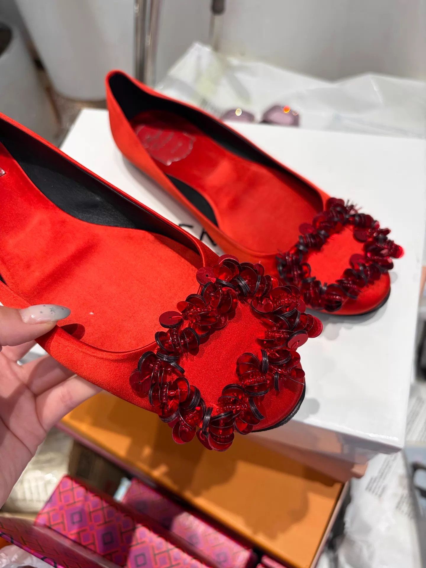 Roger Vivier RV Red Satin Sequin Buckle Flat Pump 99 New 39 Size US 8.5 / IT 38.5 - 2 Thumbnail