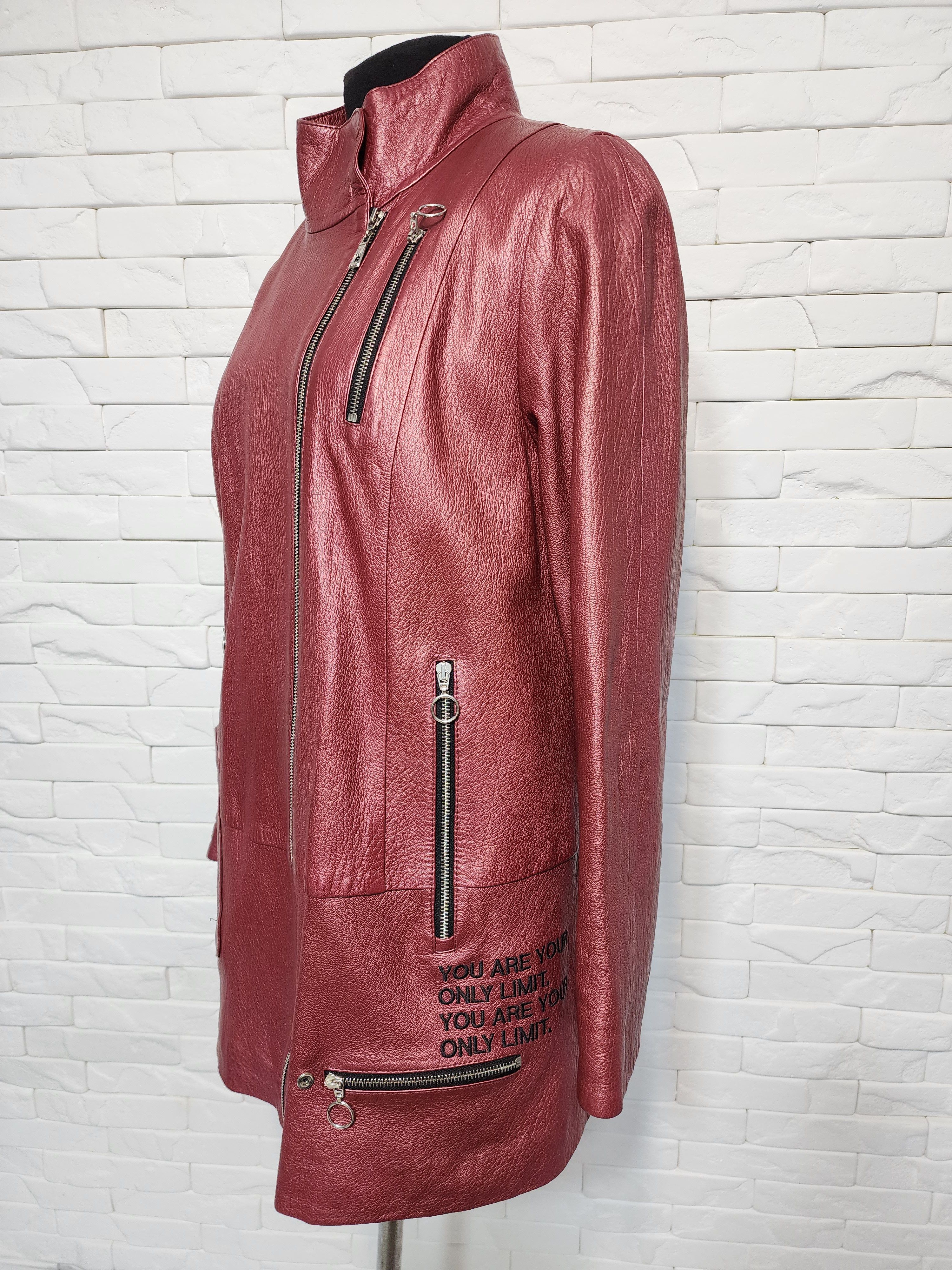 Designer Women's red leather jacket with a metal zipper. Size L / US 10 / IT 46 - 7 Thumbnail