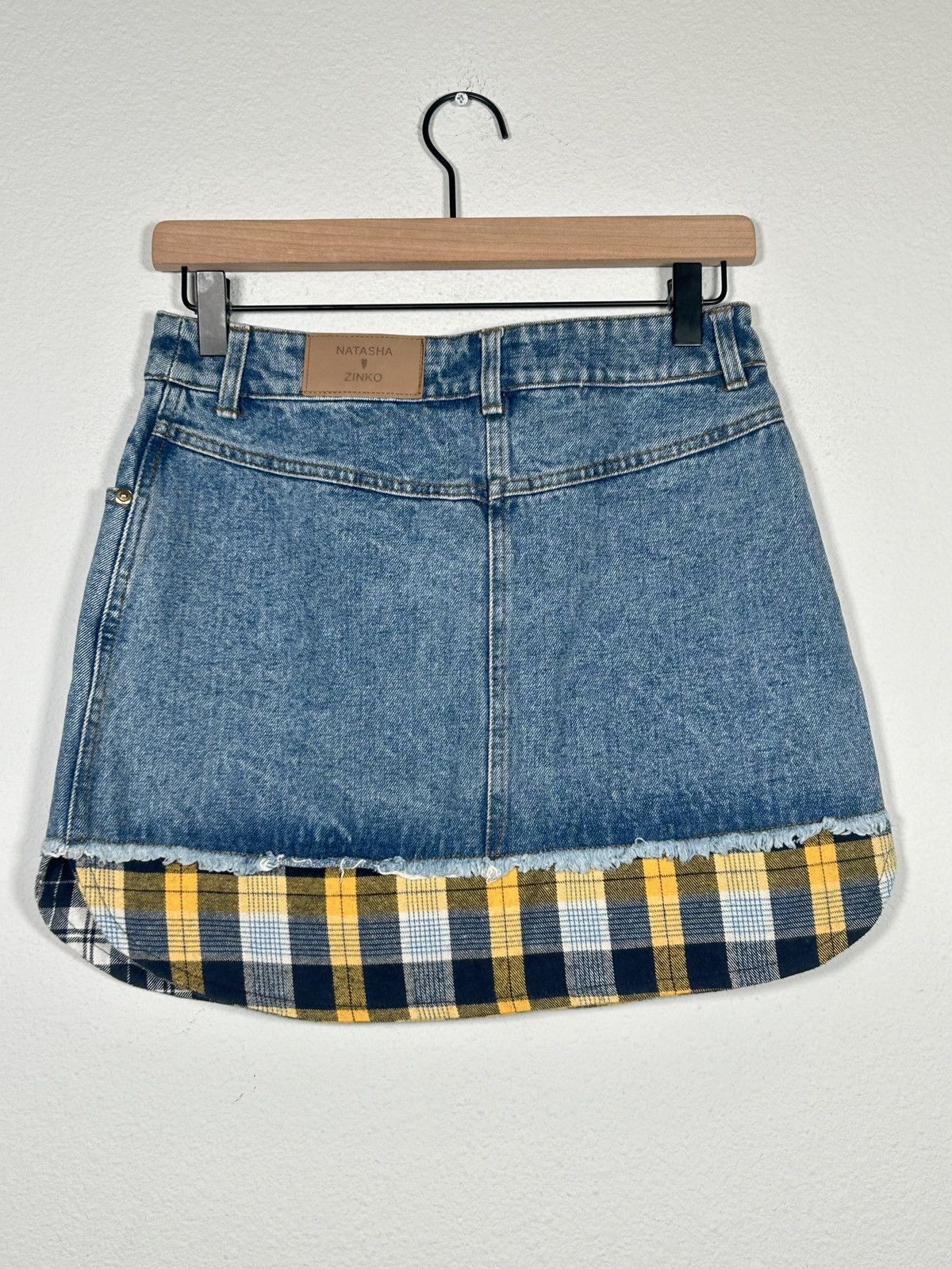 Distressed hybrid denim flannel mini skirt