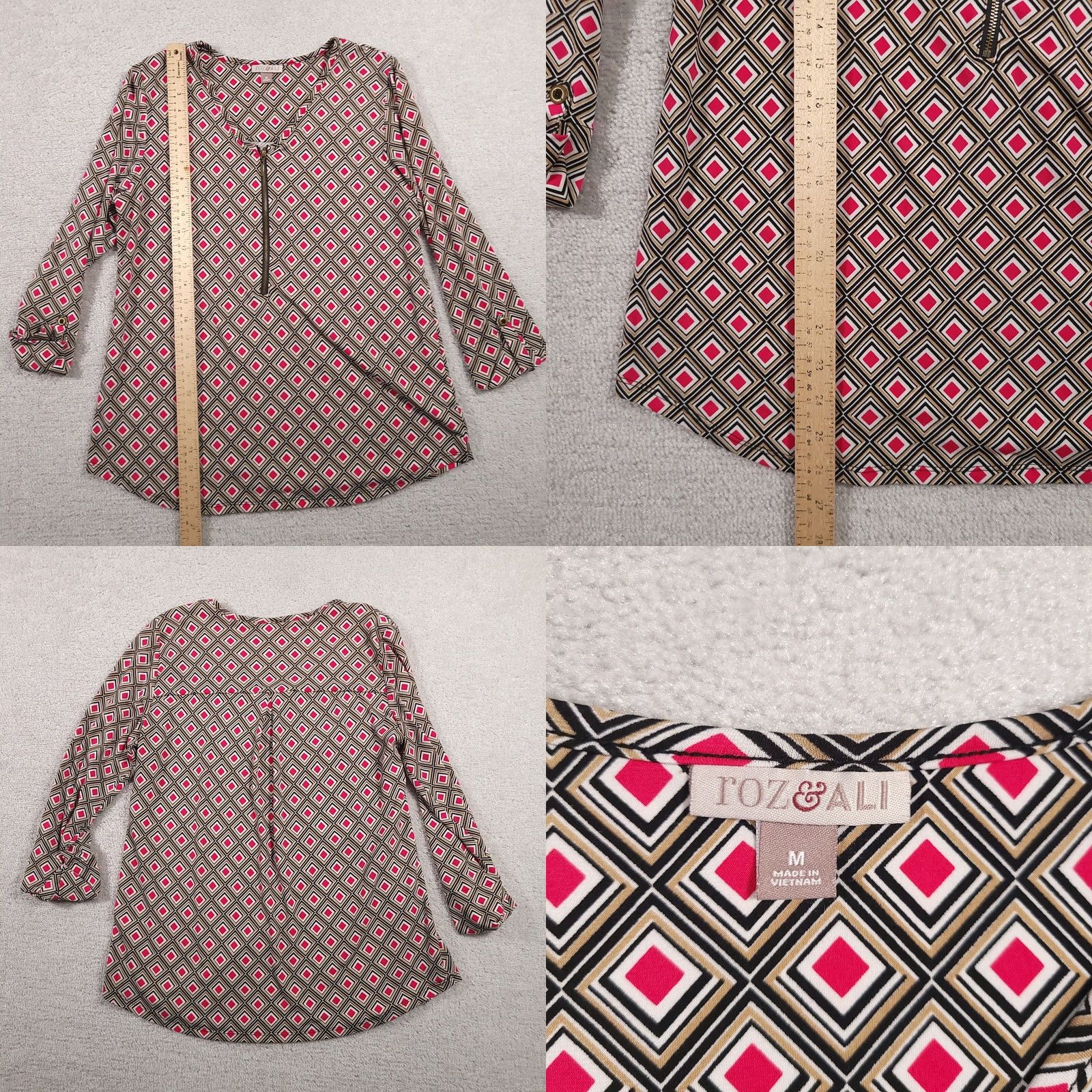 Vintage Roz & Ali Blouse Shirt Women's Medium Geometric 3/4 Sleeve 1/4 Zip Size M / US 6-8 / IT 42-44 - 8 Thumbnail