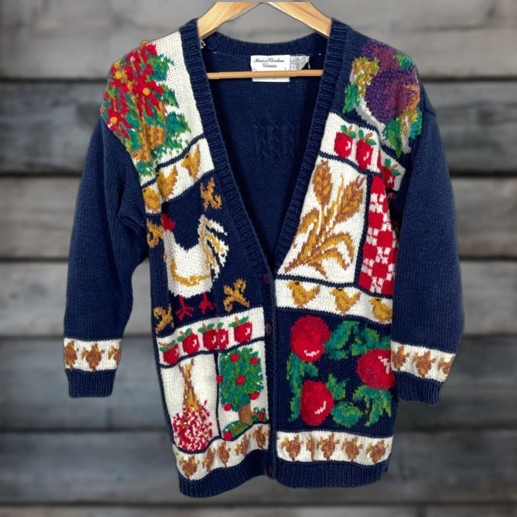 Vintage VINTAGE Marisa Christina Chunky-Knit Cardigan Women's Medium Blue Geometric Autumn Motif Retro 90s Size M / US 6-8 / IT 42-44 - 1 Thumbnail
