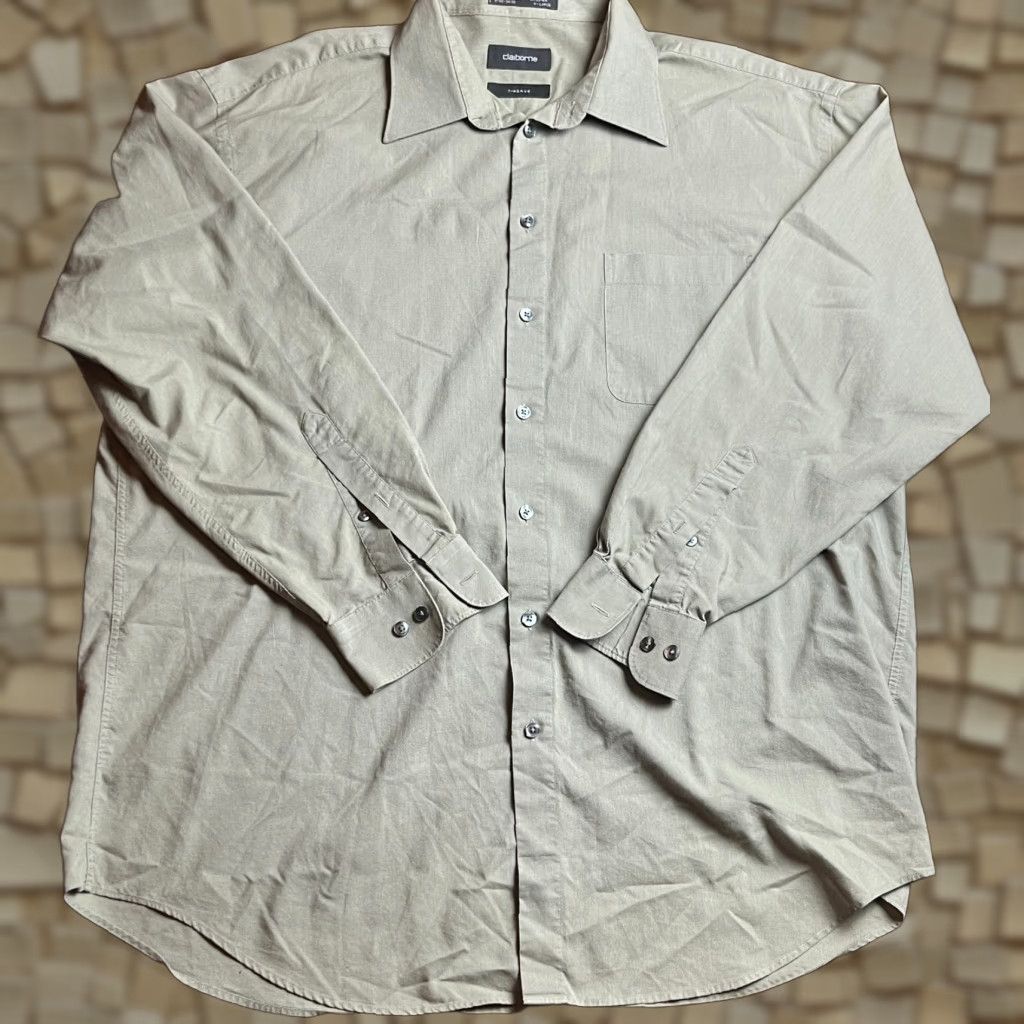 Liz Claiborne Claiborne Shirt Men XL 17.5 34/35 Tan Button-Up Long Sleeve T-weave Brown Solid Vintage No Size US XL / EU 56 / 4 - 1 Thumbnail