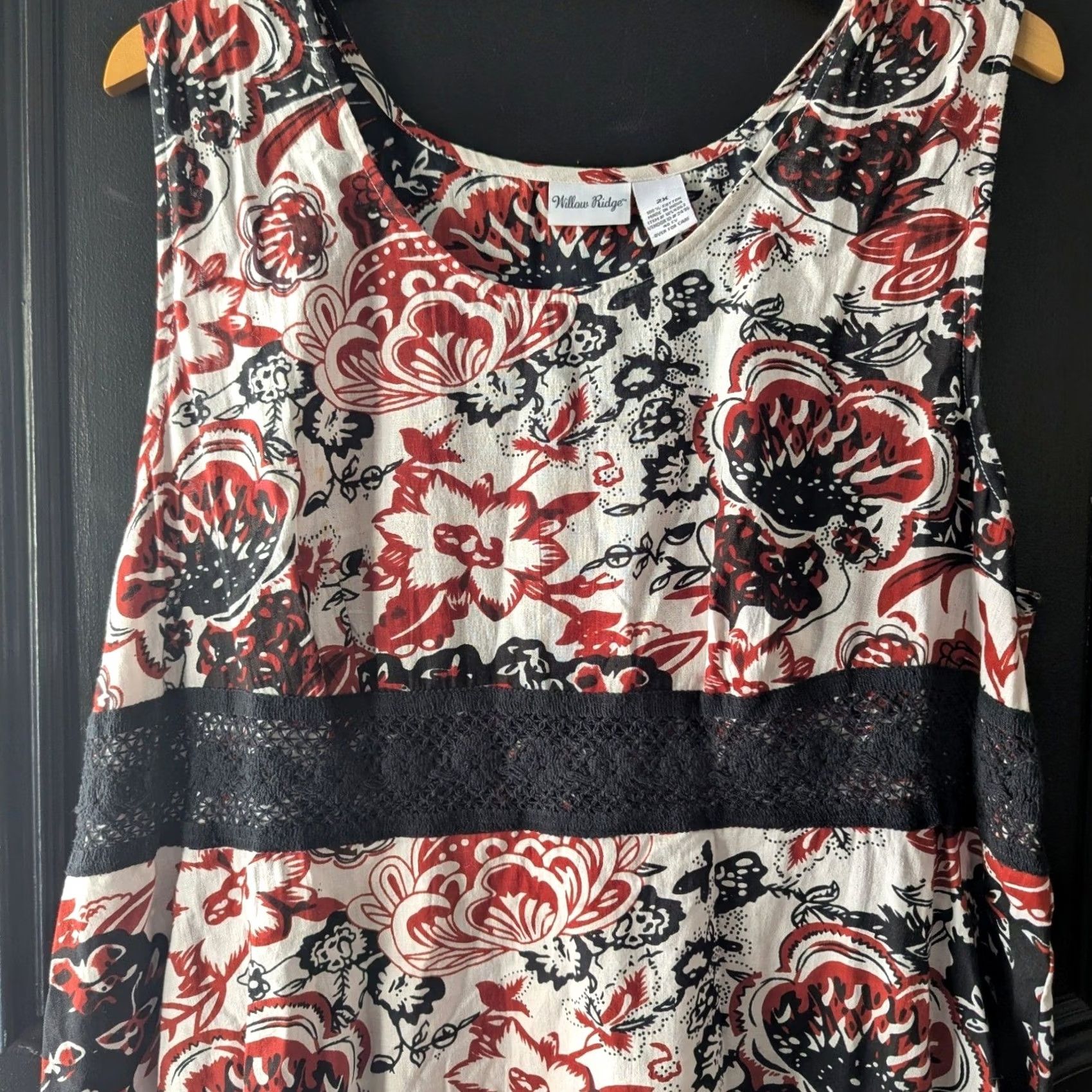 Vintage Willow Ridge Floral Print Maxi Dress Sleeveless White Black Red 2XL Bohemian Handkerchief Hem Casual Womens Size XXL / US 16-18 / IT 52-54 - 3 Thumbnail