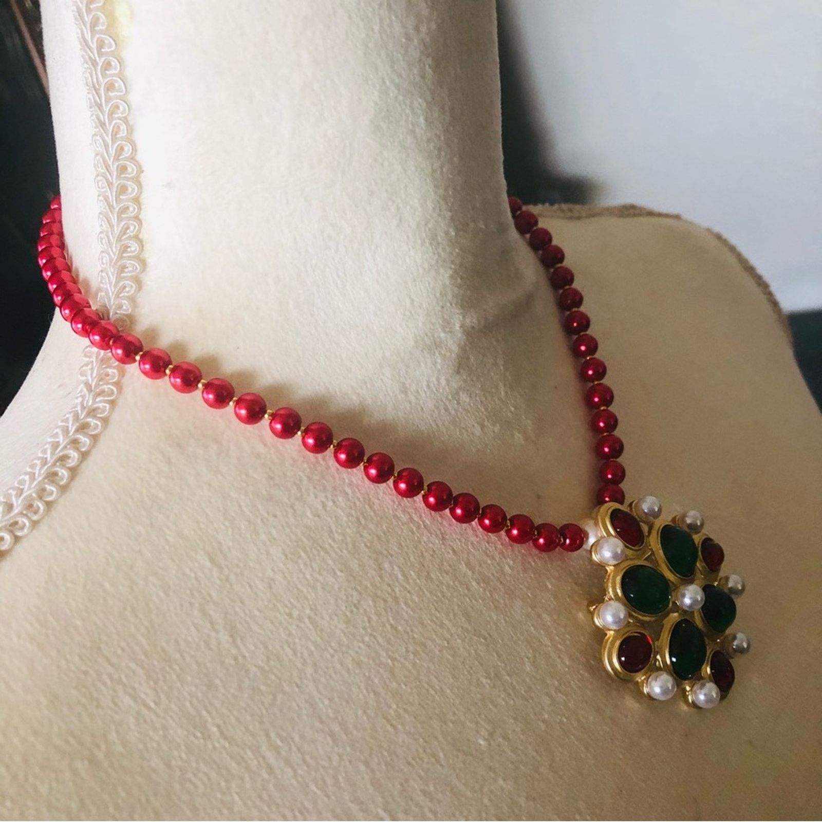 Handmade Handcrafted repurpose cabochon glass stone Pearl necklace Size ONE SIZE - 3 Thumbnail