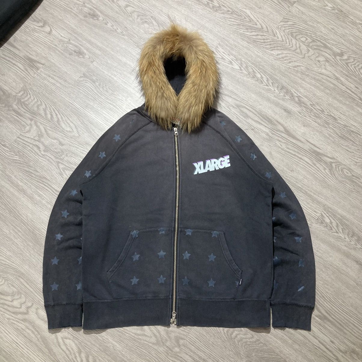 Japanese Brand Vintage Trashed Xlarge Stars Logo Fur Ziphoodie Y2k Black Size US XL / EU 56 / 4 - 1 Thumbnail