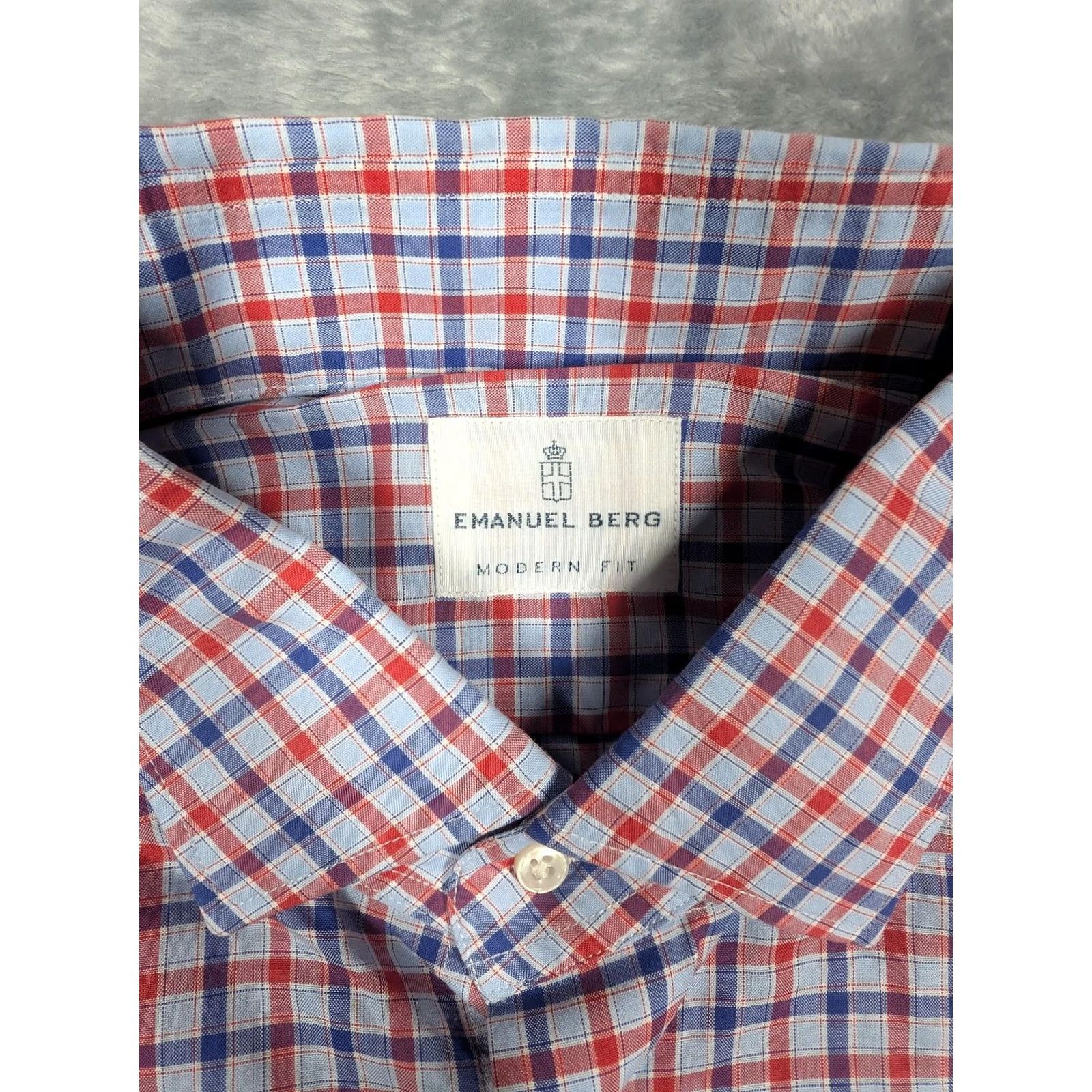 Vintage Emanuel Berg Shirt Mens Large Blue Red Check Dress Modern Fit Long Sleeve Size 42R - 5 Thumbnail