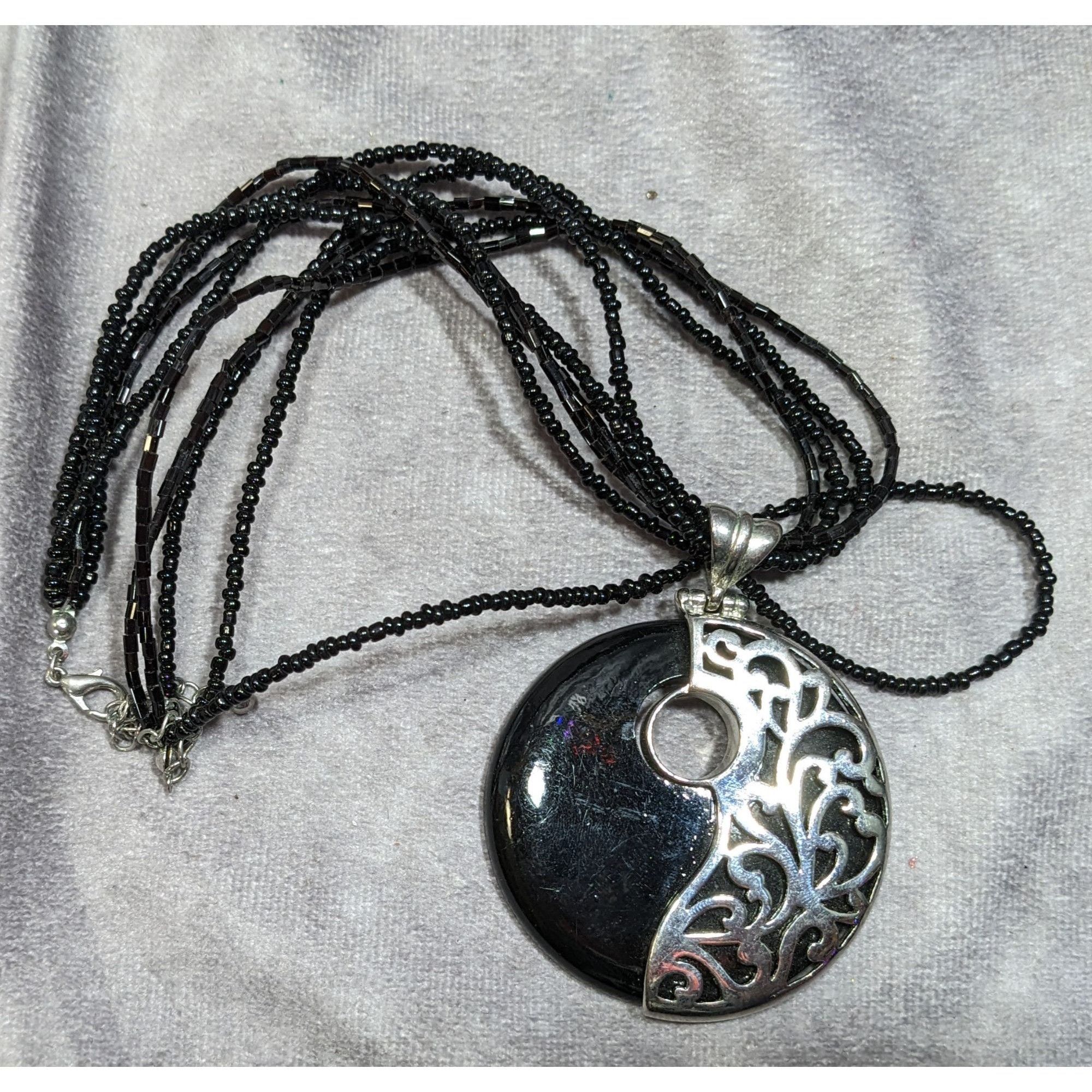 Other Floral Overlay Black And Silver Tone Pendant Necklace With B Size ONE SIZE - 4 Thumbnail