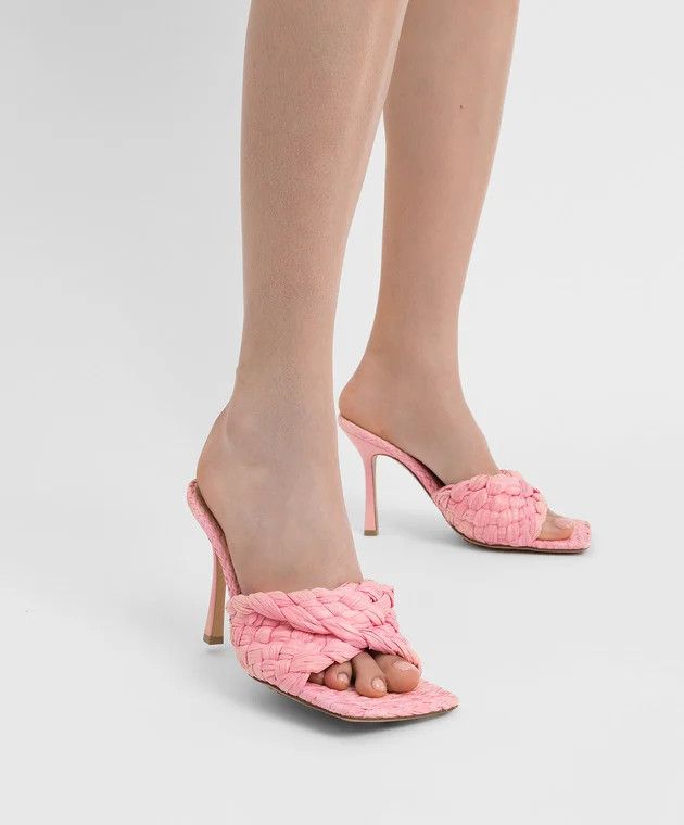 Bottega Veneta Pink Stretch Intrecciato Raffia Mules Size US 10 / IT 40 - 2 Thumbnail