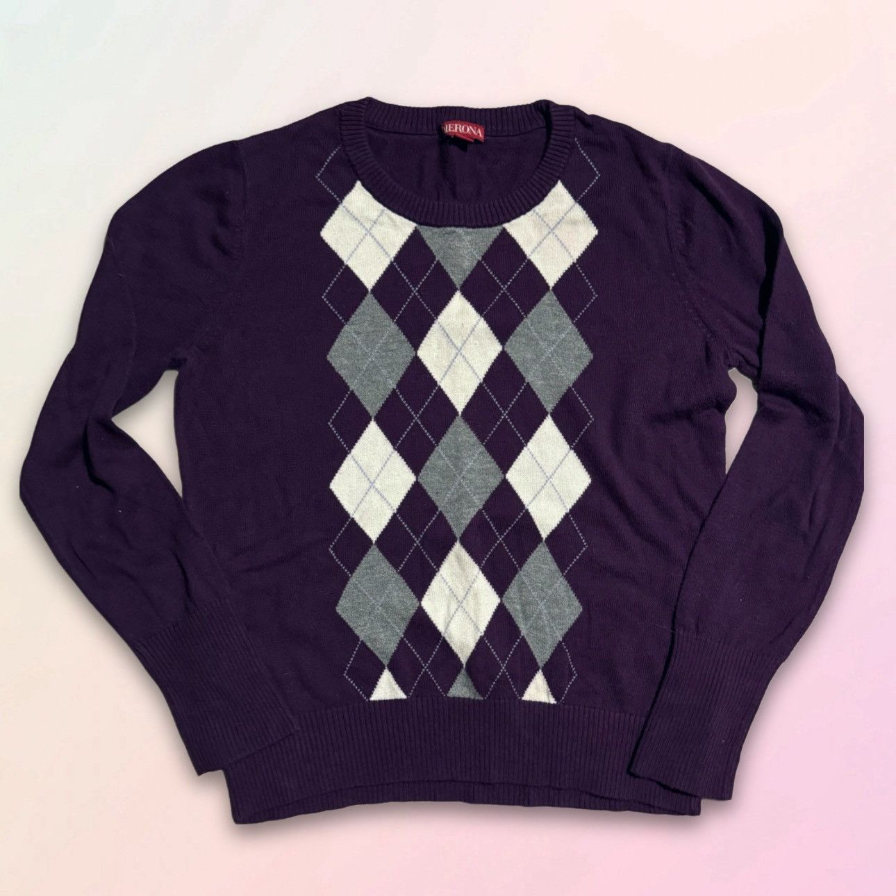 Merona Retro, Eggplant Purple, Argyle Patterned, Rayon Knit Sweater Size ONE SIZE - 1 Thumbnail