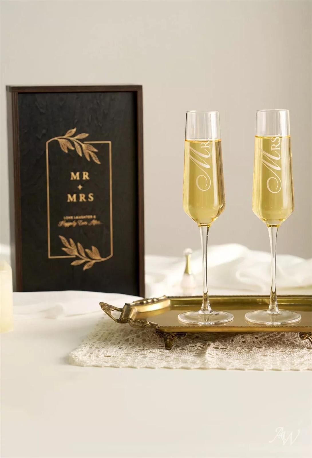 Other AW BRIDAL Mr. & Mrs. Champagne Flutes In Wooden Gift Box Size ONE SIZE - 4 Thumbnail