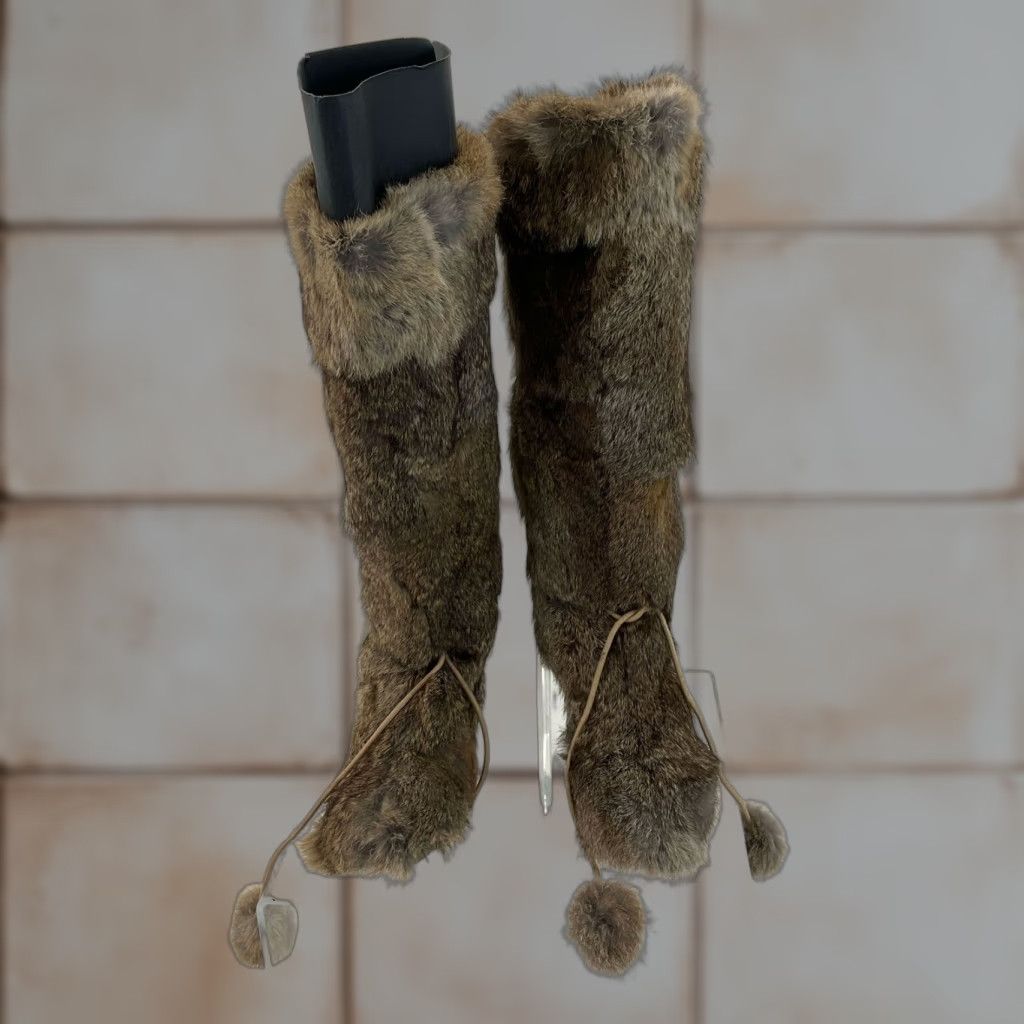 Vintage Ash Brown Rabbit Fur Pom-Pom Wedge Heel Shoes Tall Boots Size 5 Womens