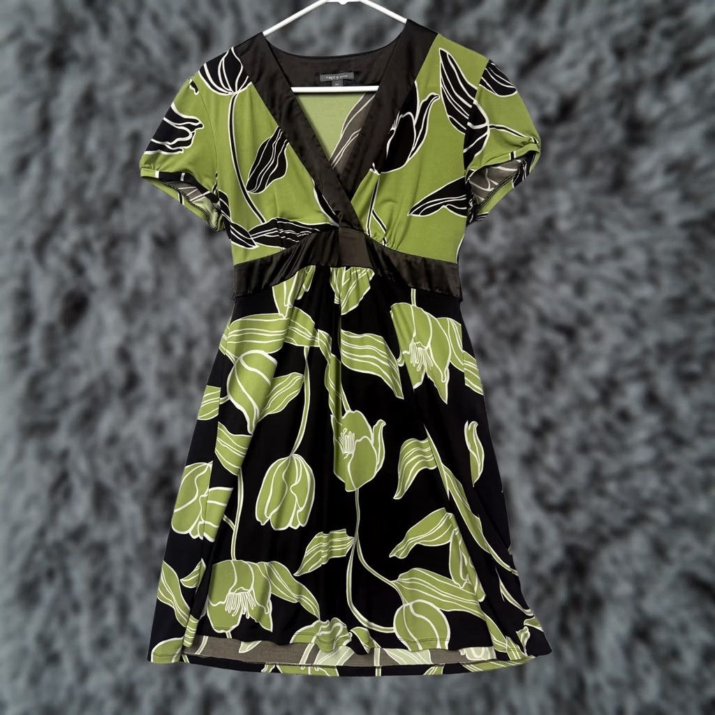 Apt. 9 Apt 9 Faux Wrap Dress Petite Large PL Floral Green Cap Sleeve V-Neck Empire Waist Knee Length Bohemian Summer Size L / US 10 / IT 46 - 1 Thumbnail