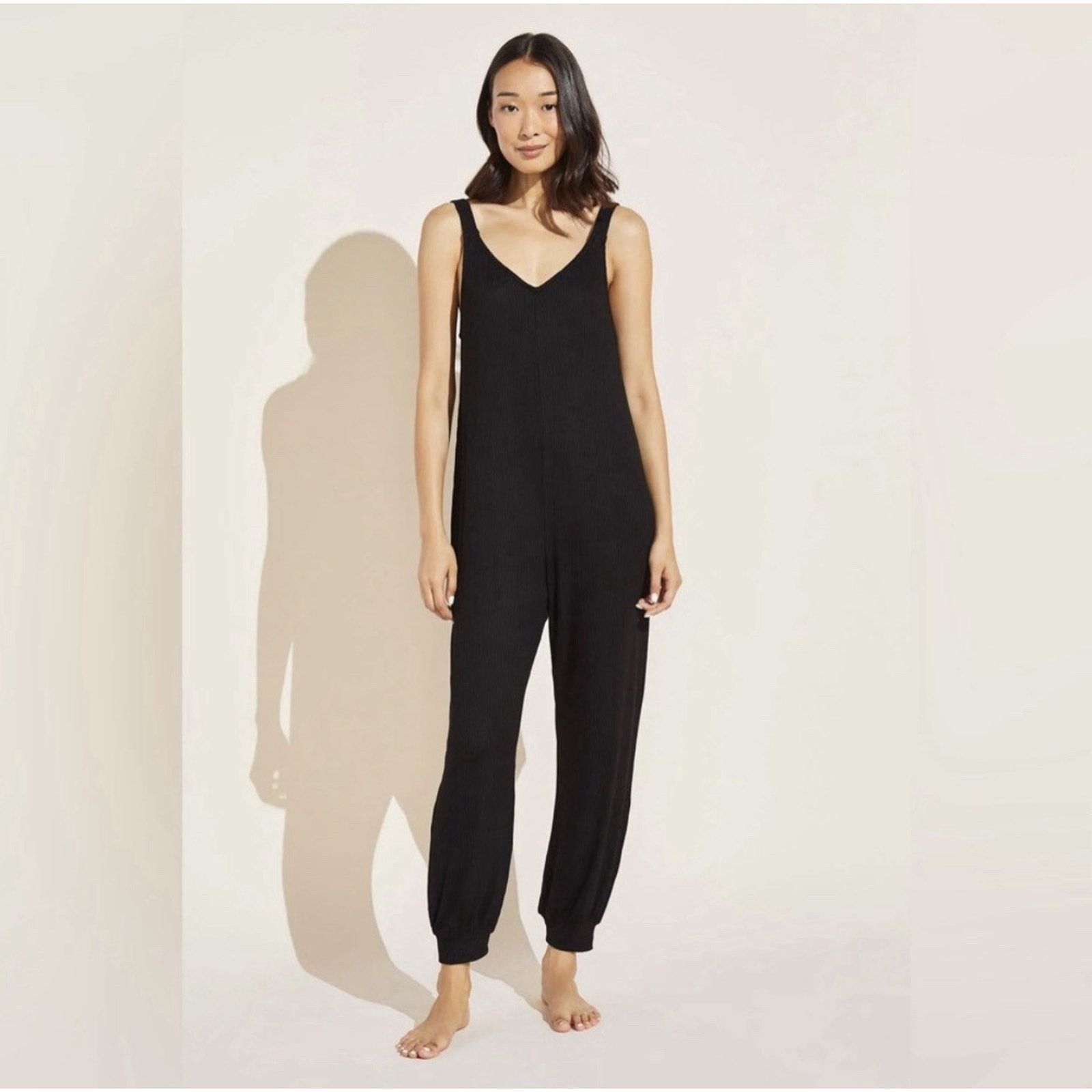 Eberjey Eberjay Elon Black Bound Ribbed V-Neck Relaxed Jumpsuit XS Size 26" / US 2 / IT 38 - 1 Thumbnail
