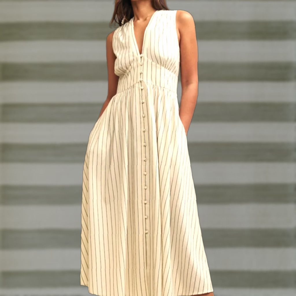 Vintage Nobody's Child Starlight Midi Dress Sleeveless Cream Pinstripe NWT US 0 Women/Adult Slender A-Line Pockets V-Neck Casual Midi Dress Size XS / US 0-2 / IT 36-38 - 1 Thumbnail