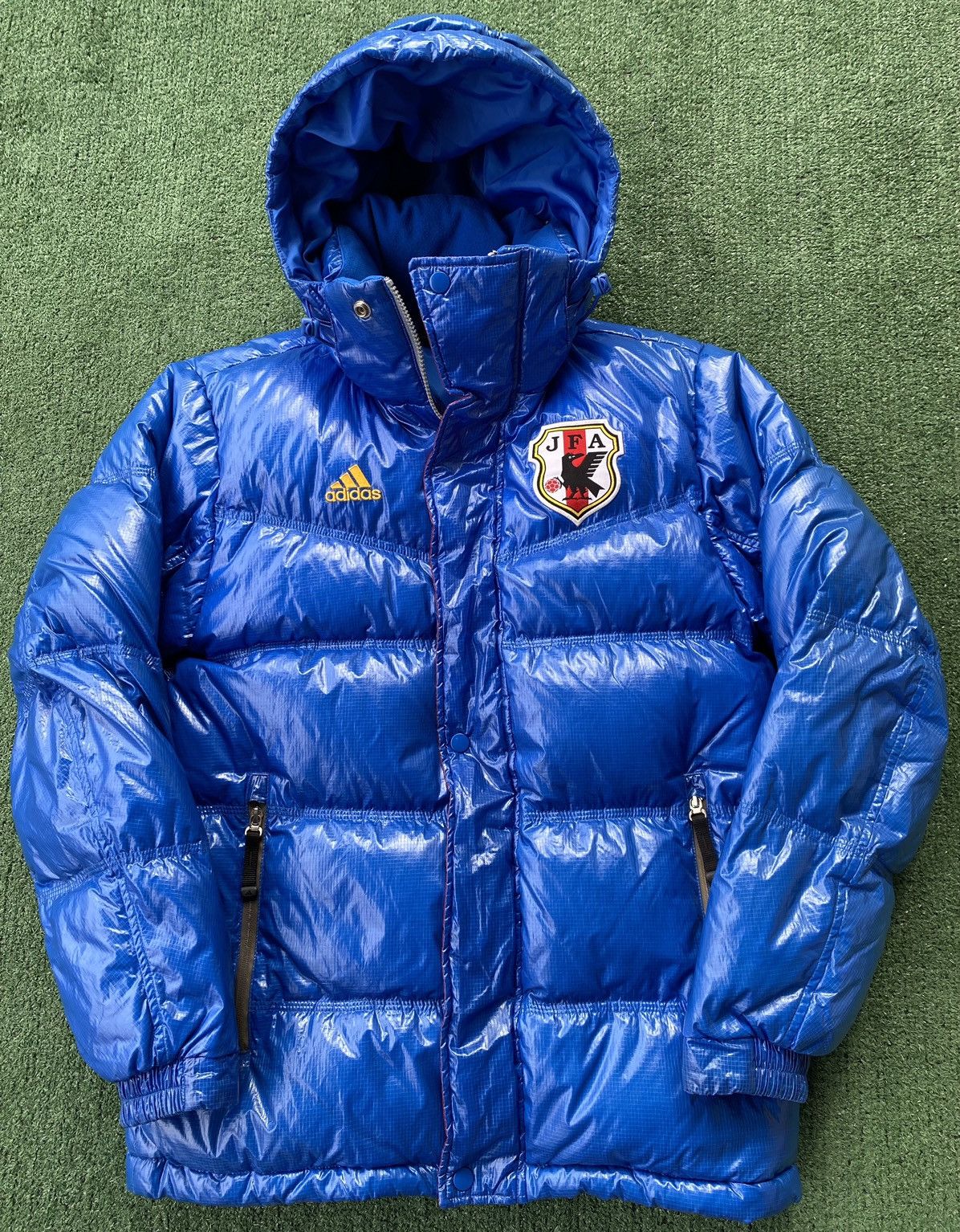 Image of Adidas Jfa Japan Soccer Glossy Down Puffer Jacket Mens Small in Blue