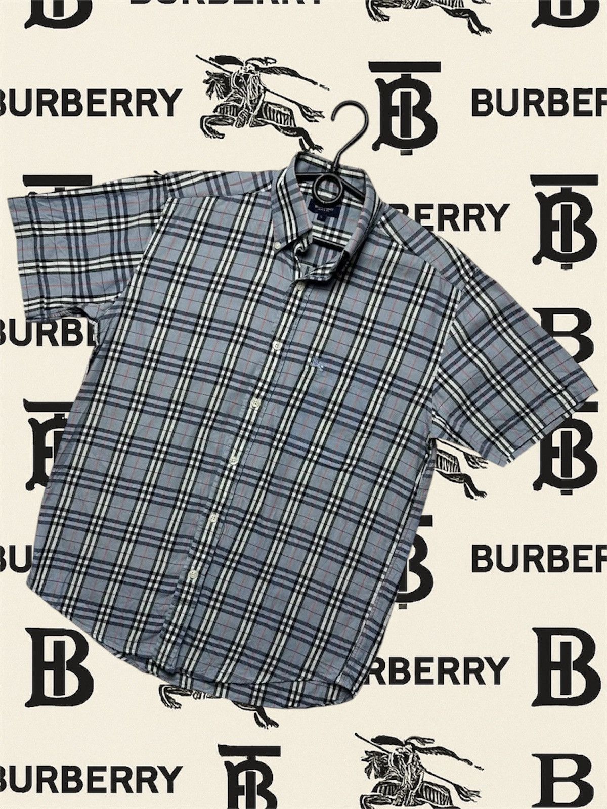 Vintage plaid blue Burberry shirt short sleeve S rare