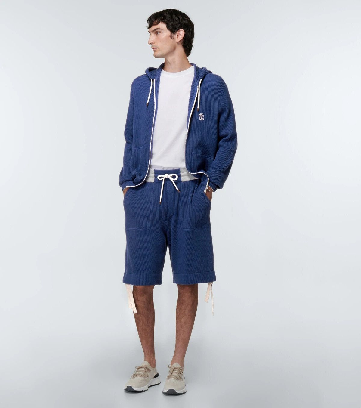 Brunello Cucinelli o1w1db10326 Ribbed Knit Cotton Hoodie in Blue Size US L / EU 52-54 / 3 - 3 Thumbnail
