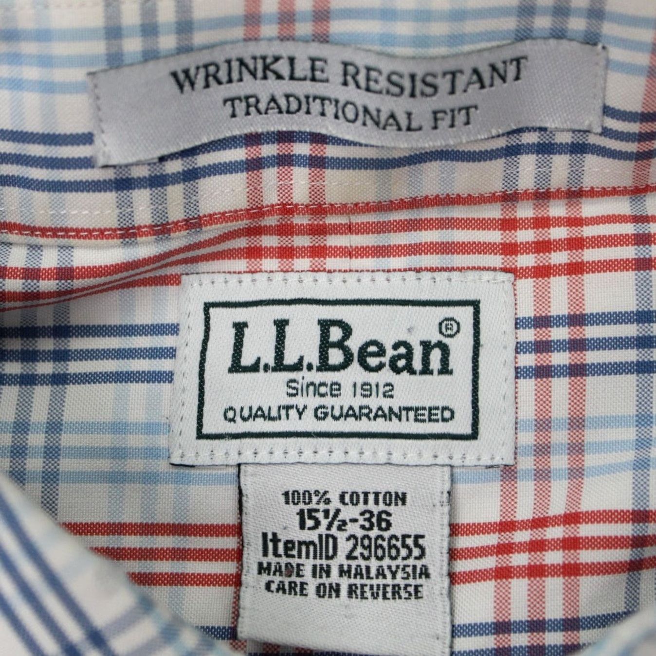 Vintage LL Bean Shirt Mens 15 1/2 36 Wrinkle Resistant Classic Fit L/S Plaid White Red Blue Dress Shirt Size US L / EU 52-54 / 3 - 7 Thumbnail