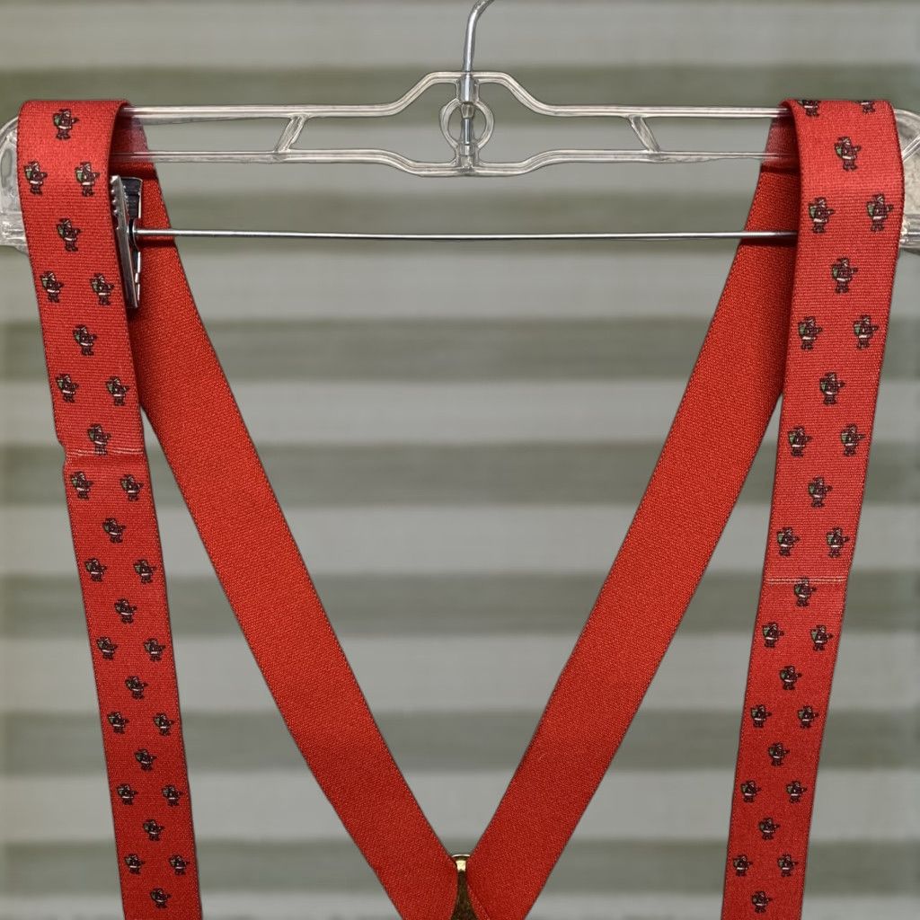 Vintage Christmas Suspenders Red Santa Claus Carrying His Bag Holiday Men Suspender Clip Christmas Theme Red Size ONE SIZE - 1 Thumbnail