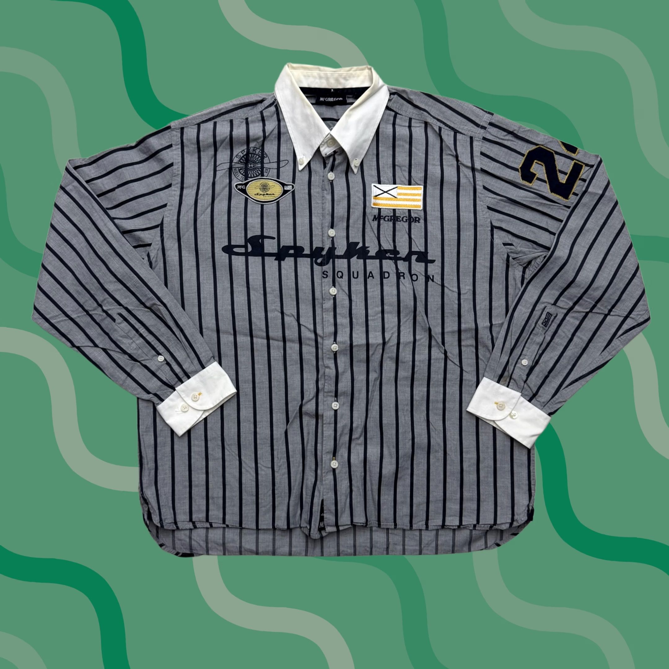 McGregor McGregor Shirt Mens XL Gray Navy Striped Button-Down Button Embo​idered Patch Cotton Wool Size US XL / EU 56 / 4 - 1 Thumbnail