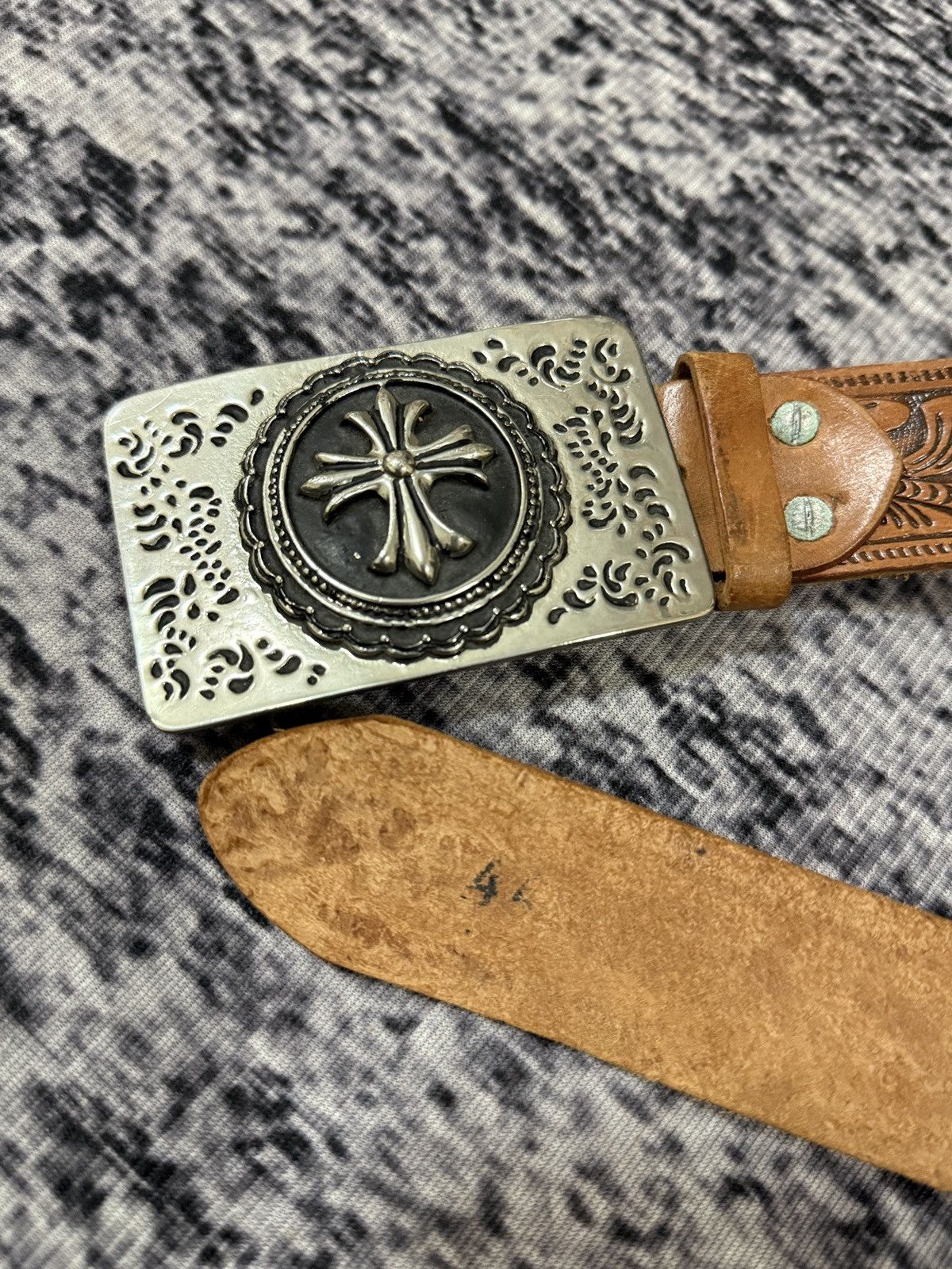 Vintage Vintage Leather Belt Inspired By Chrome Hearts Silver Cross Size 44 - 6 Thumbnail