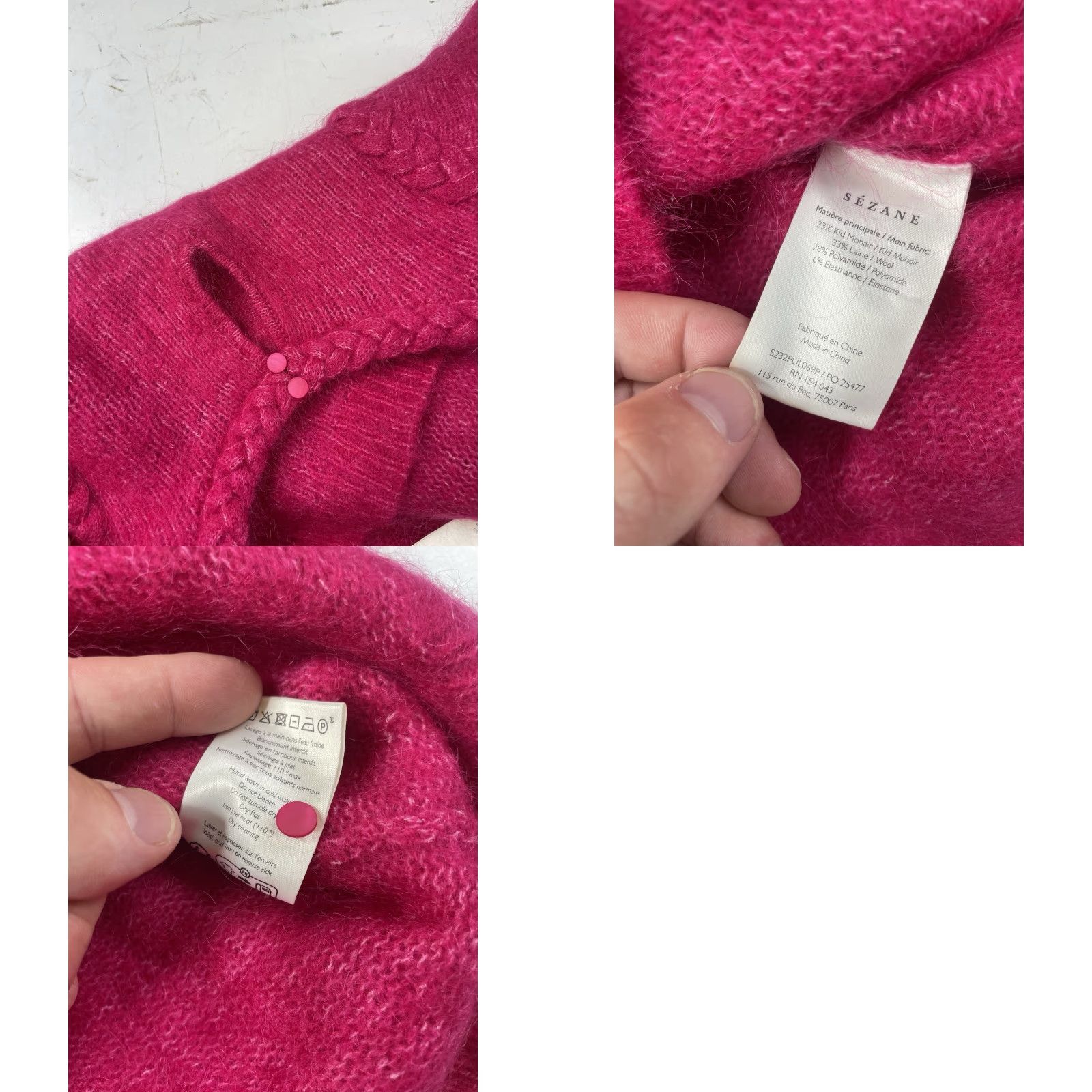 Vintage Sezane Sweater Knit Women’s S Pink Mohair Wool Polyamide Mock Neck Long Sleeve Pullover Knit Solid Button Vintage No Size S / US 4 / IT 40 - 8 Thumbnail