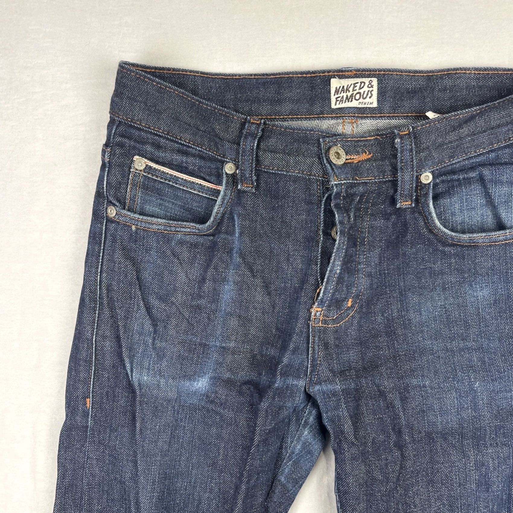 Vintage Naked & Famous Jeans Mens 30 Fits 29x34 Super Skinny Stretch Selvedge Indigo Denim Jeans Slim Men 5-Pocket Logo Button Size US 29 - 4 Thumbnail