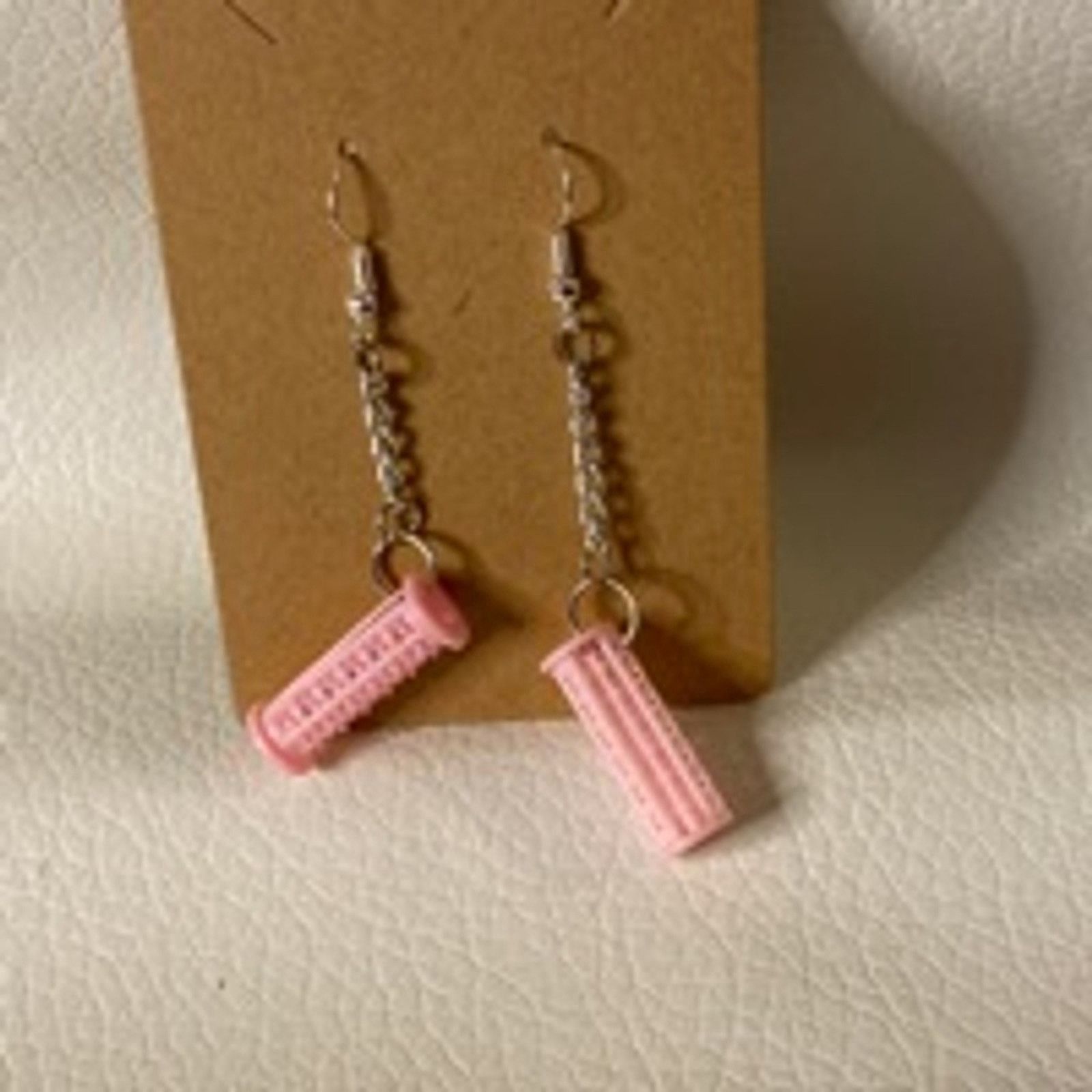 Other Handmade Pink Hair Roller Dangle Earrings Hypoallergenic Size ONE SIZE - 3 Thumbnail