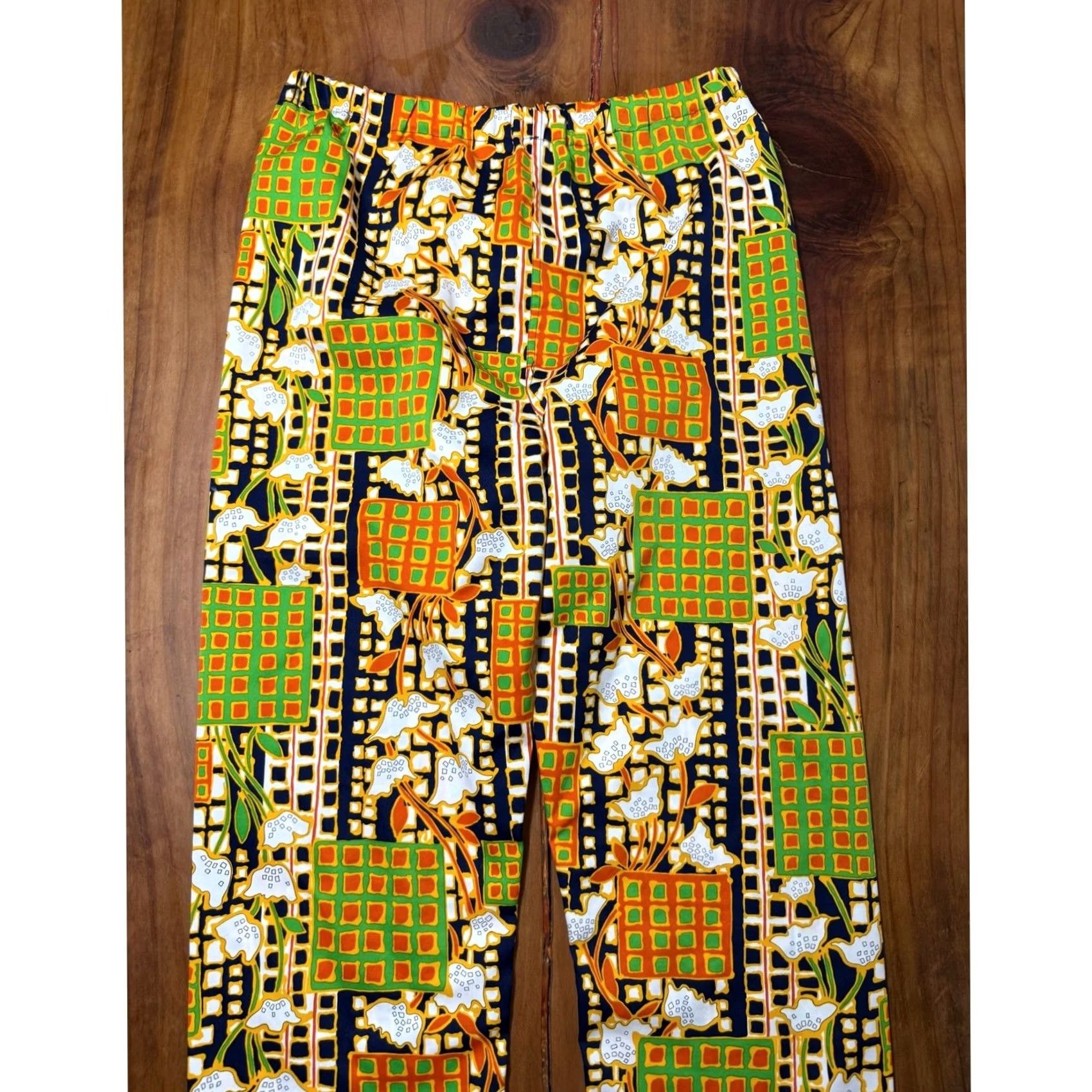 Etro VINTAGE 70s Handmade Pants XL Pull on Satin Floral Retro Polyester Print F4-1 Yellow Girls or Womens? Size 40" / US 18 - 2 Thumbnail