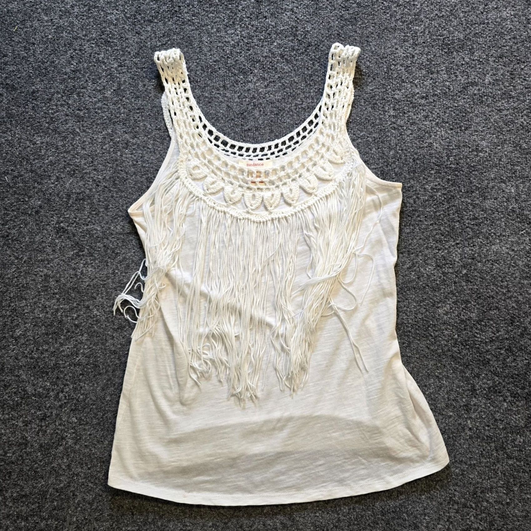 Vintage Sundance Top Womens Size S White Fringe Crochet Trim Slub Knit Capsule Boho Shirt Size S / US 4 / IT 40 - 2 Thumbnail