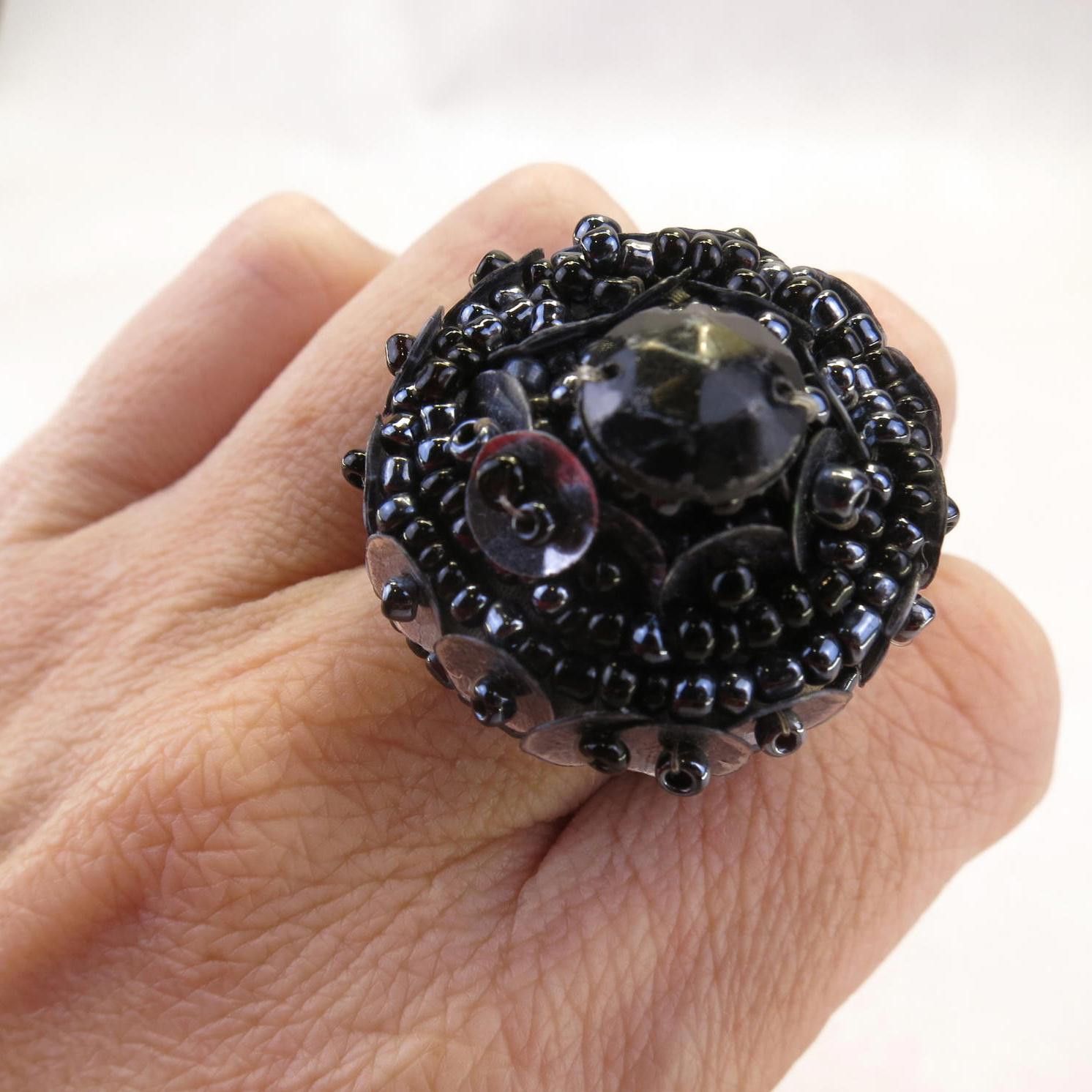 Other Statement Ring Black Beads Elastic Stretch Band Adjustable Size ONE SIZE - 3 Thumbnail