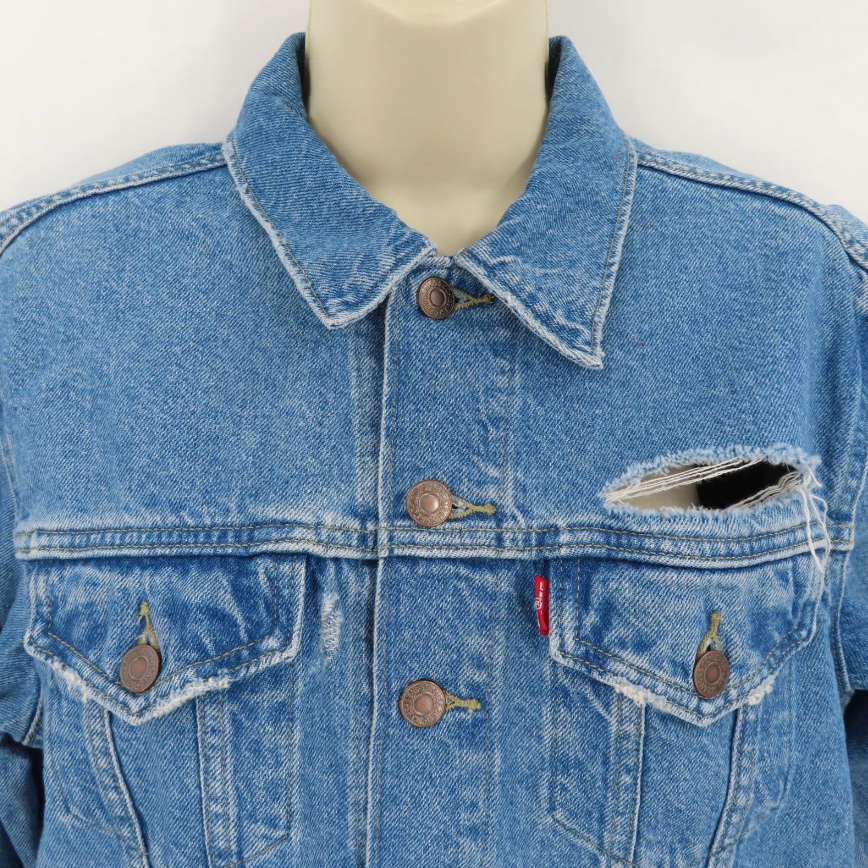 Levi's Levis Womens Medium Ex Boyfriend Trucker Jacket Blue Denim Jean Distressed NEW Size 32" / US 10 / IT 46 - 2 Thumbnail