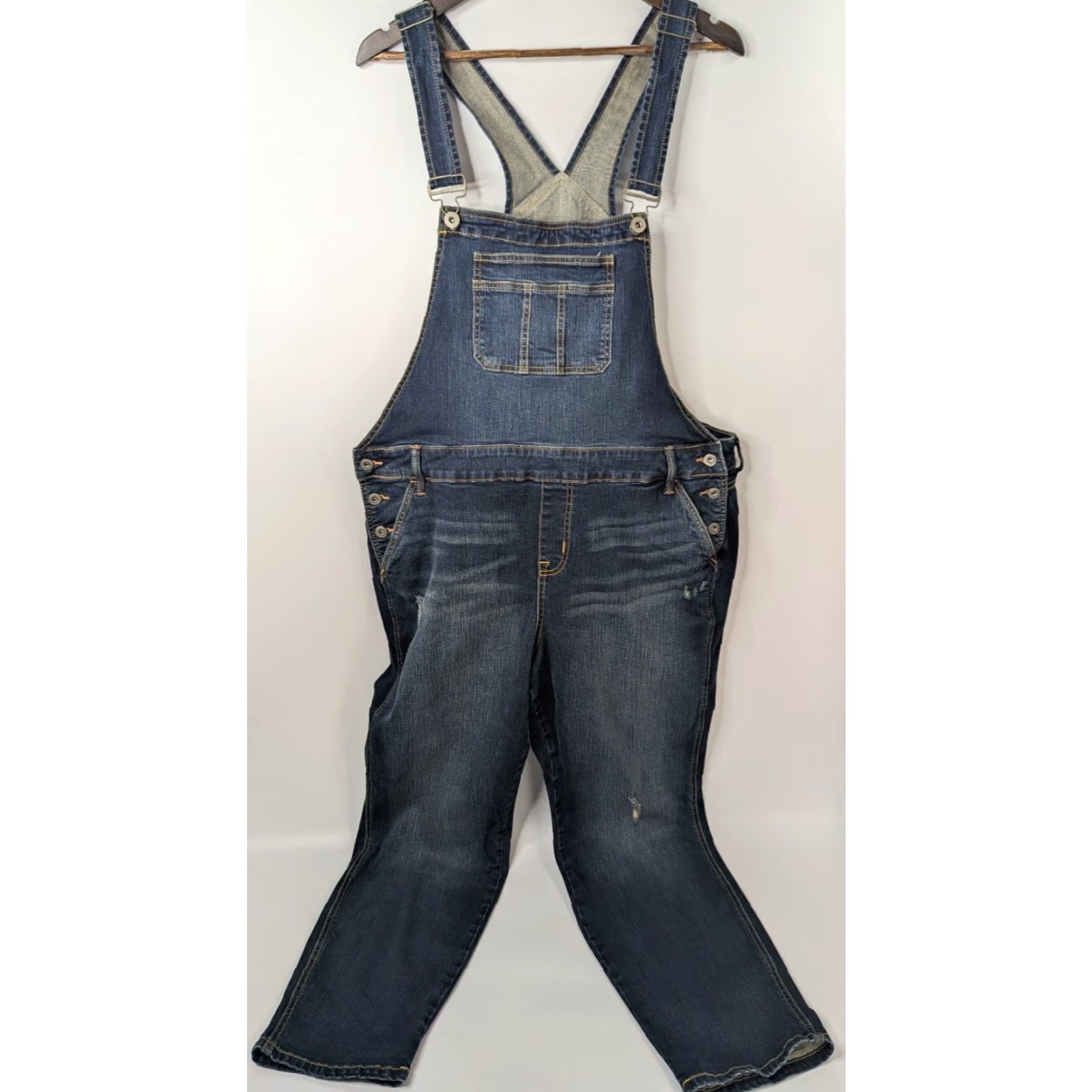 Torrid VINTAGE Torrid Crop Jean Bib Overalls Denim Women's Sz 20 NWT Dark Wash Stretch Denim Buckle Button Pattern: Solid Leather/Belt Loops? Size 42" / US 20 - 2 Thumbnail