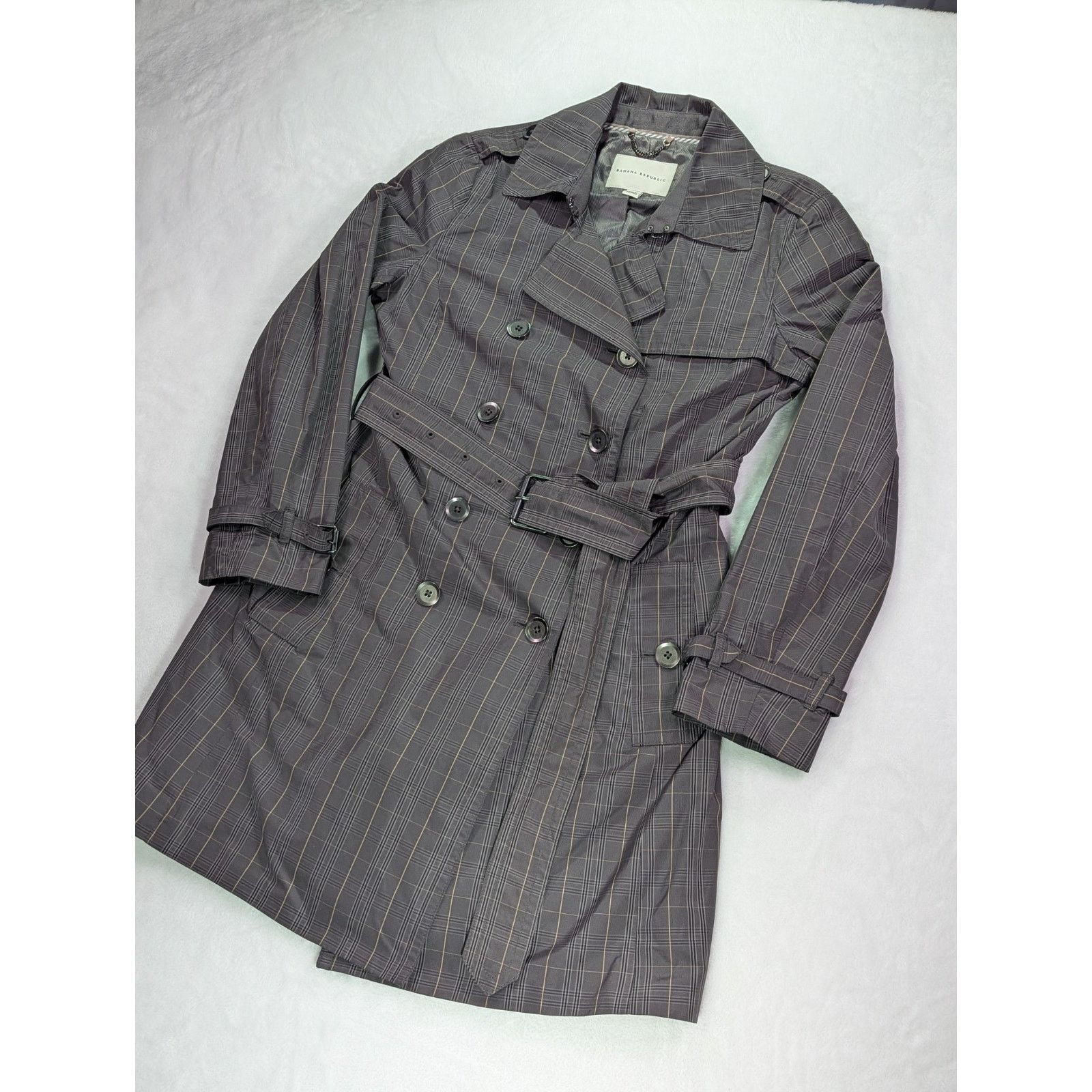 Banana Republic Trench Coat S Petite Gray Plaid Check Double Breasted Belted Size S / US 4 / IT 40 - 3 Thumbnail