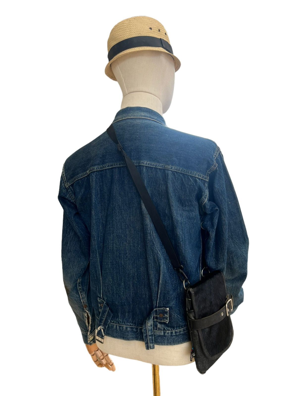 image of Agility Japan Hybrid Leather Denim Mini Sling Bag in Black, Men's