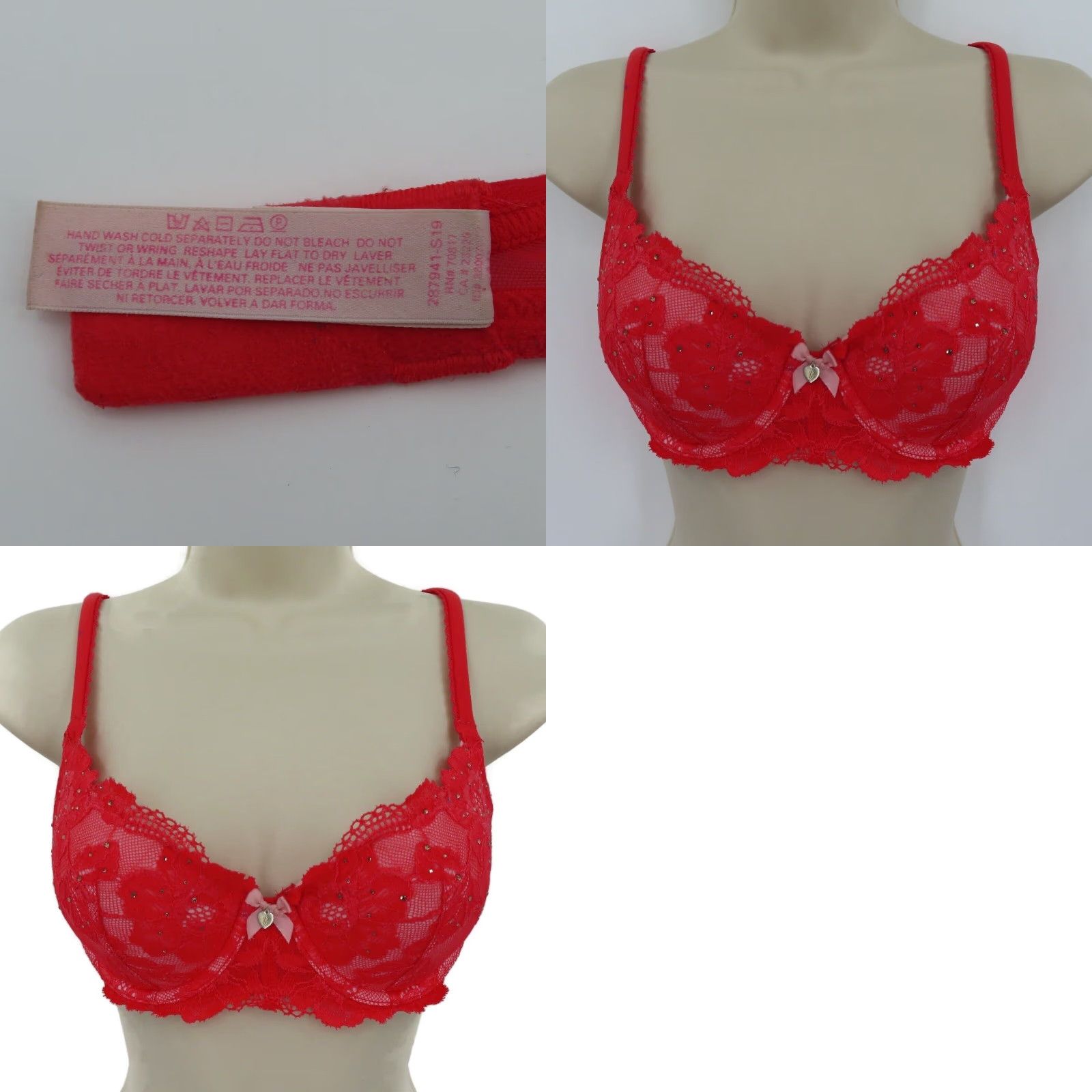Victoria's Secret Victoria's Secret Body by Victoria Lined Demi Bra 32D Red Lace Rhinestone Bow Underwired Night/Noir? (Note: only original words) Size ONE SIZE - 10 Thumbnail