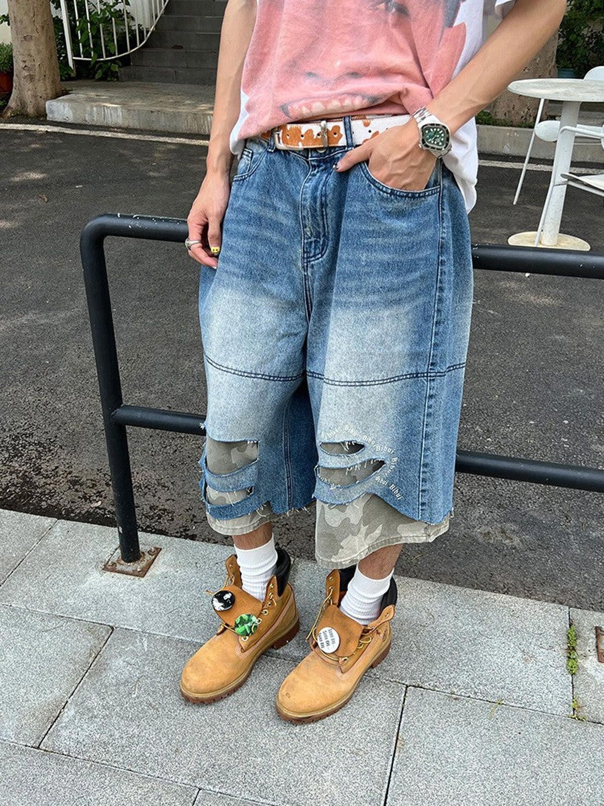 Jean Distressed Baggy Straight Patchwork Camo Jorts Size US 32 / EU 48 - 8 Thumbnail